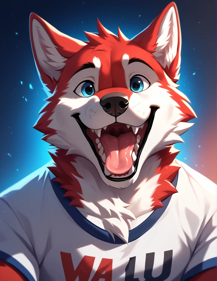 solo male, open mouth,wolf tongue, t-shirt,face Three Quarter View, white wolf furry, wolf face furry, wolf, furry, smiling, red fur, Black fur stripe, netral, Traumatized face, dynamic lighting, illustration, beautiful, particles (high quality,4k,8k,highres,masterpiece:1.2), ultra-detailed, impressionistic:colorful,]