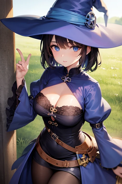 witch, young woman, blue eyes, short brown hair, blue clothes, big chest