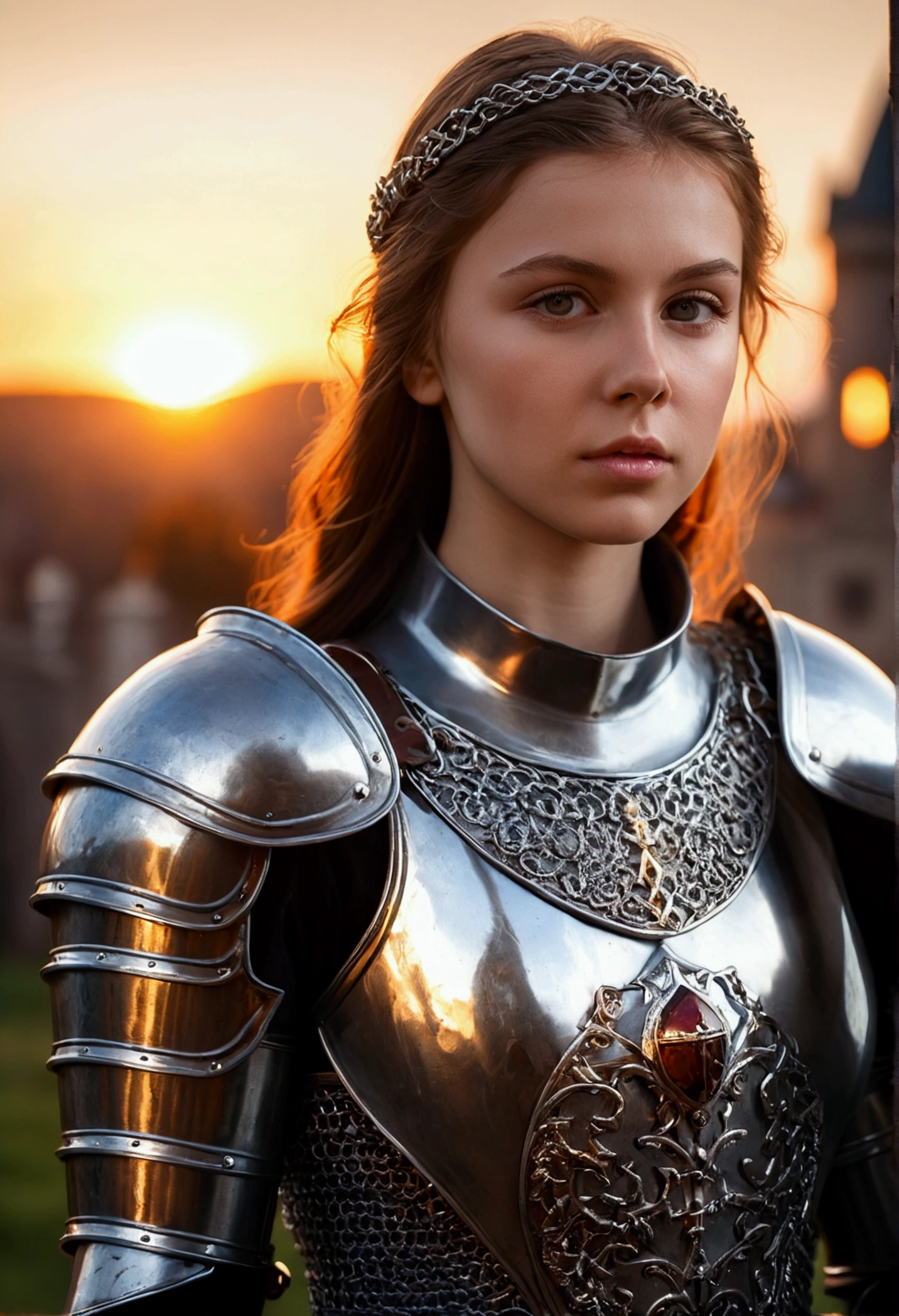 (masterpiece), (extremely intricate:1.3), (realistic), portrait of a girl, the most beautiful in the world, (medieval armor), metal reflections, upper body, outdoors, intense sunlight, far away castle, professional photograph of a stunning woman detailed, sharp focus, dramatic, award winning, cinematic lighting, octane render unreal engine, volumetrics dtx, (film grain, blurry background, blurry foreground, bokeh, depth of field, sunset, motion blur:1.3), chainmail