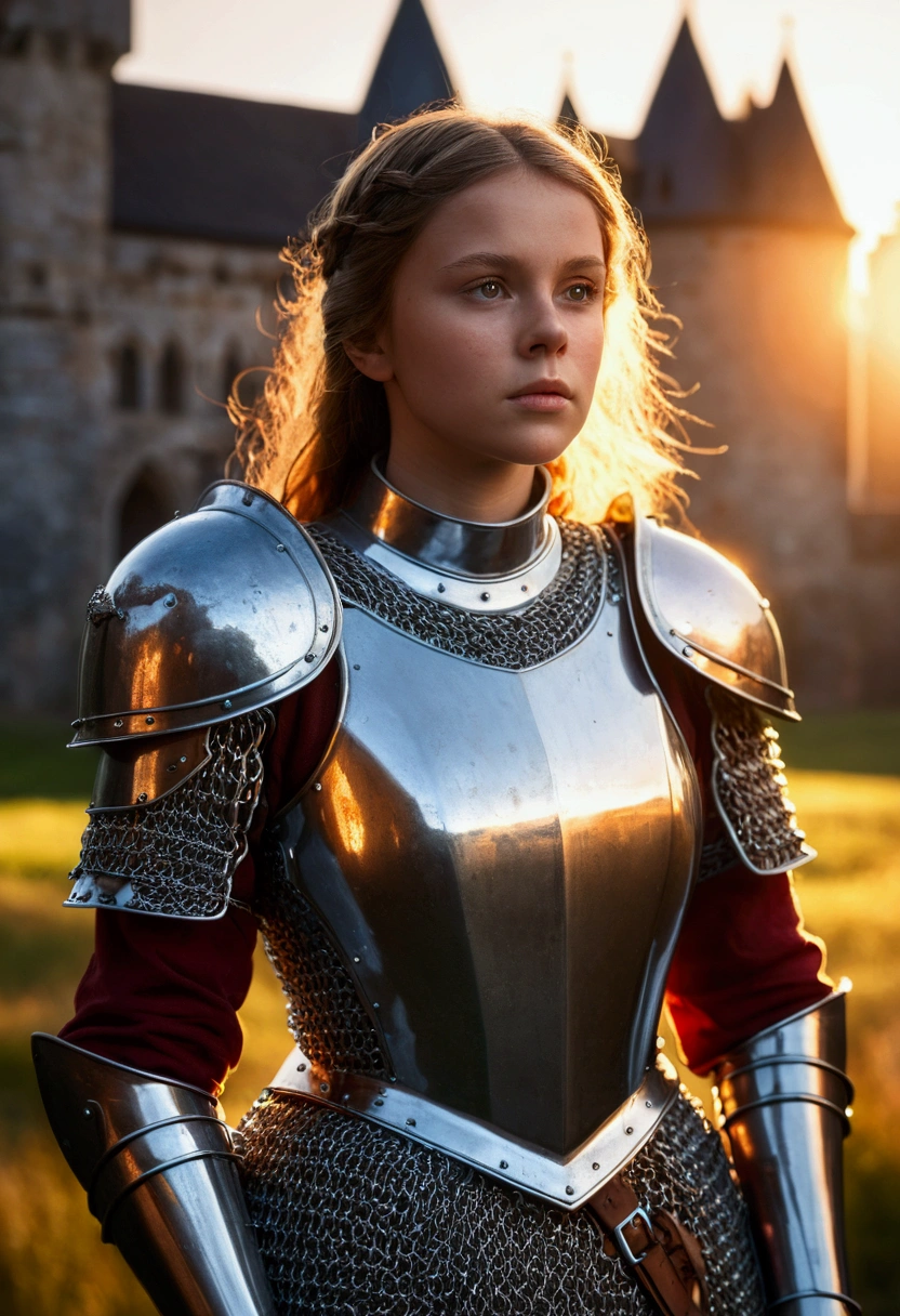(masterpiece), (extremely intricate:1.3), (realistic), portrait of a girl, the most beautiful in the world, (medieval armor), metal reflections, upper body, outdoors, intense sunlight, far away castle, professional photograph of a stunning woman detailed, sharp focus, dramatic, award winning, cinematic lighting, octane render  unreal engine,  volumetrics dtx, (film grain, blurry background, blurry foreground, bokeh, depth of field, sunset, motion blur:1.3), chainmail