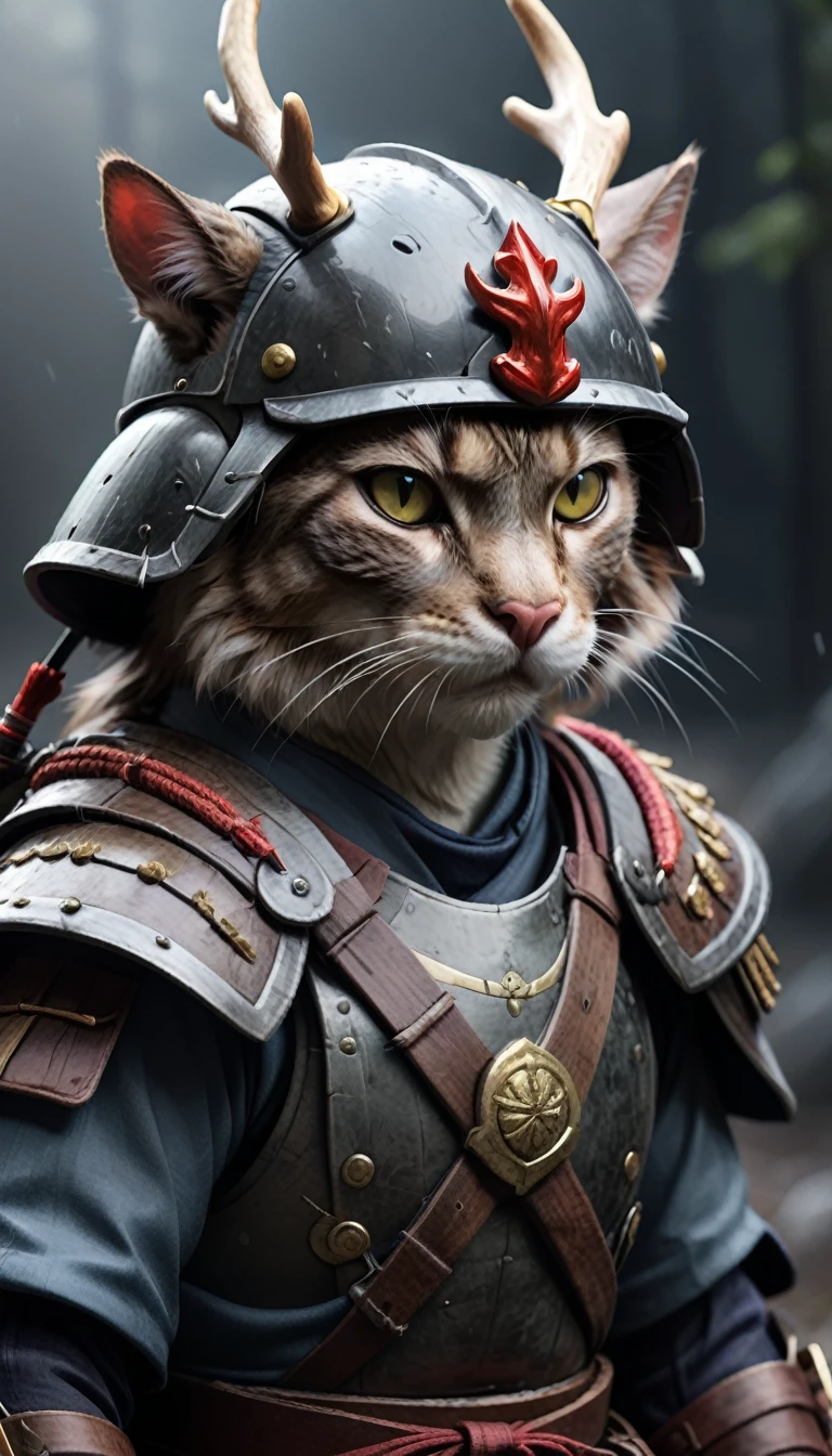 (Close-up Cinematic),Samurai Cat, battlefield, 2D, colorful, Dark atmosphere,Wearing a helmet with deer antlers