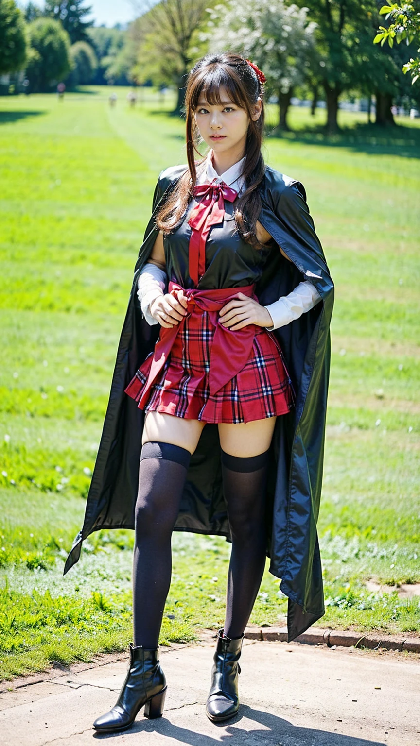 (8k、RAW Photos、Highest quality、masterpiece:1.2)、(Realistic、Realistic)、1 girl、((Black Check Mini Skirt、Red dress、Frills、Cape、Medium Hair、Pretty Cure Costume、See through、tights、ribbon、boots、Accentuate your breasts、whole body、garden、View from the front、Looking into the camera、Stand with hands on hips))、