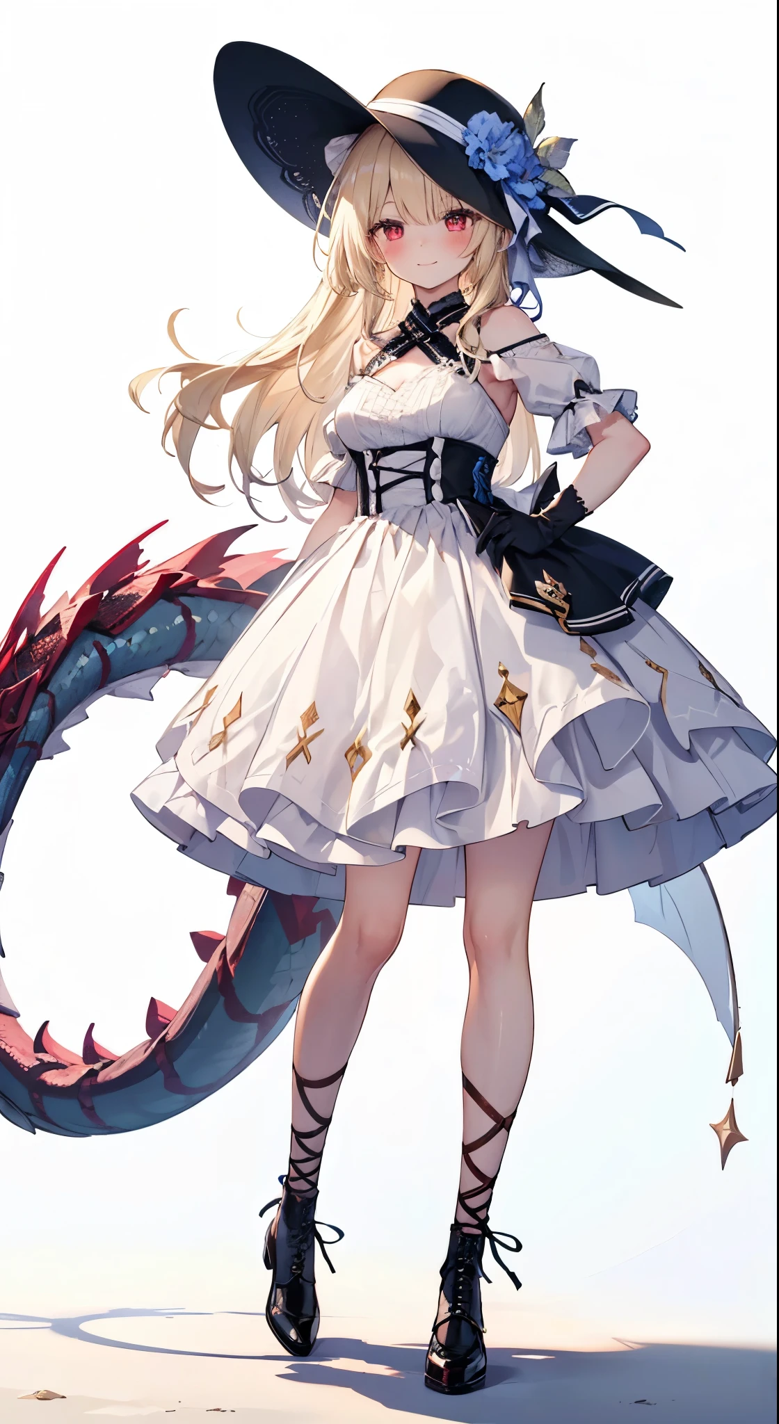 Head to Toe,whole body,Overall image, A young woman with long light blonde hair standing in front。、I'm wearing a hat。, Girl with her hands behind her back, alone, Dragon Red Eyes, smile, white background, blush, background, bangs, look forward to,Wearing lace-up shoes,Wearing gloves