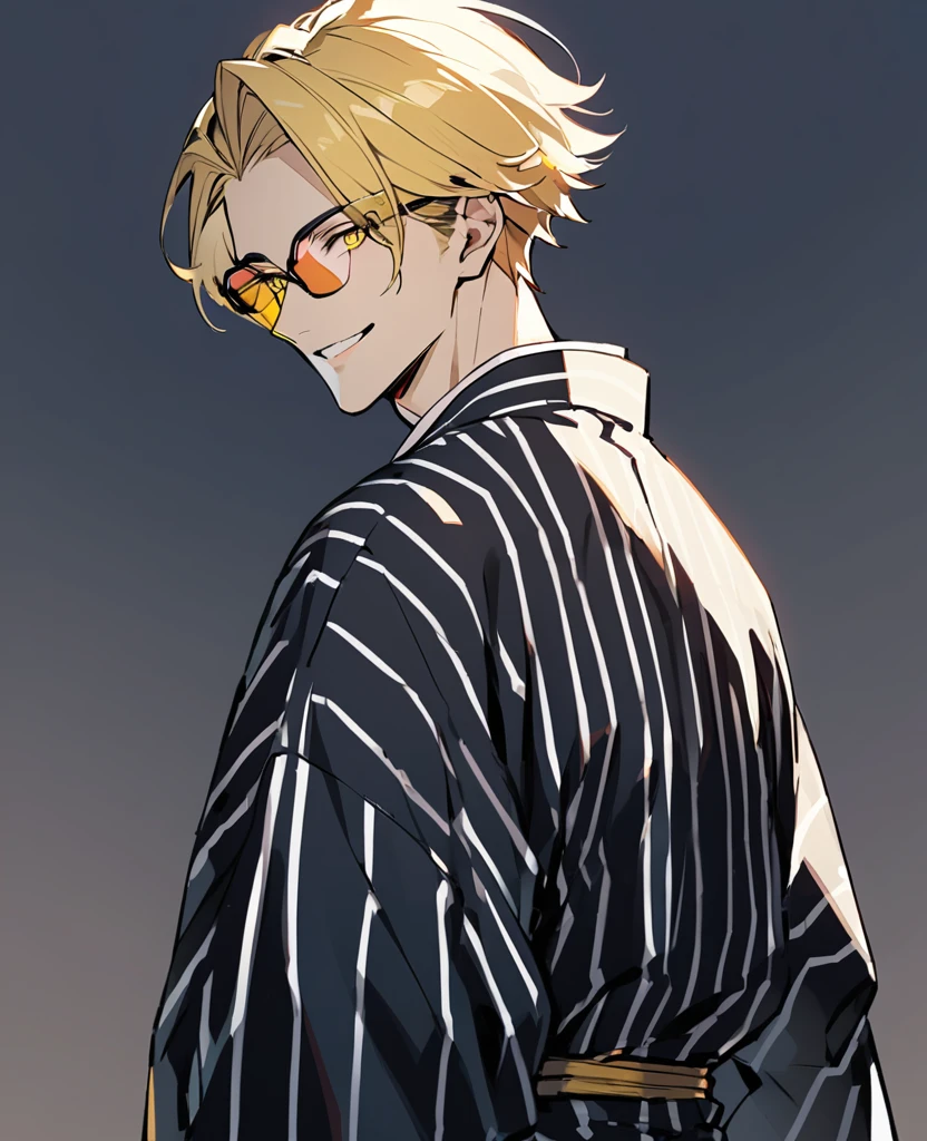handsome, solo, 1 male, simple background,sparkling yellow eyes，black simple pierces，Blonde short hair，all back，((color sunglasses))，smiling，wearing Japanese traditional clothing Jinbei，wearing white stripe Jinbei，cowboy shot，from front