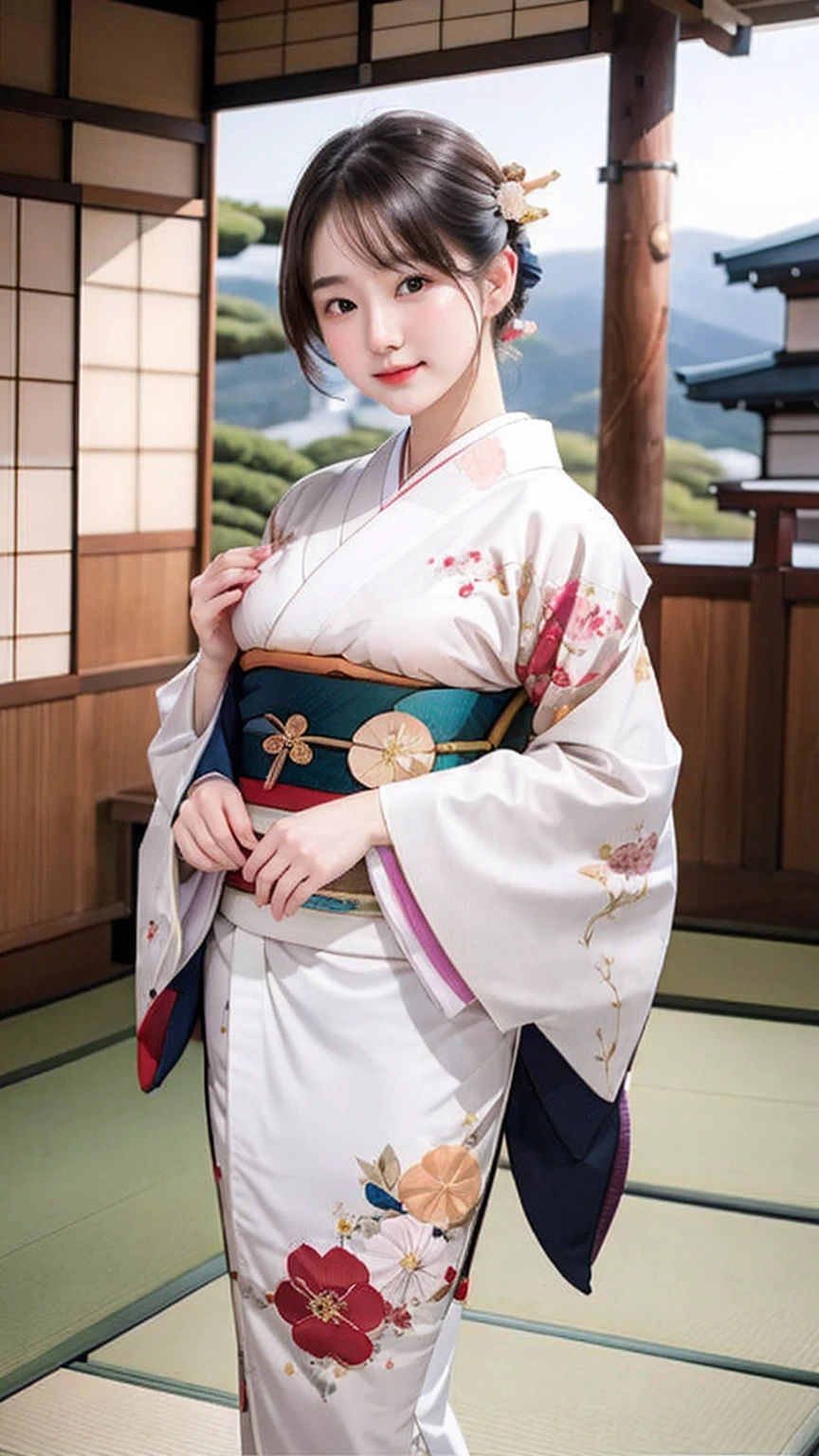 ((best quality)), photorealistic, photorealism, Photorealistic, high resolution, Beautiful, , 20 Years Old, White Skin, pale skin, medium breast, seductive pose, dynamic pose, looking at the camera, (Detailed face), short hair, sexy body, (wearing japanese kimono), (japanese flowers motif kimono), NSFW, Fingers are occluded, bokeh, cafe background