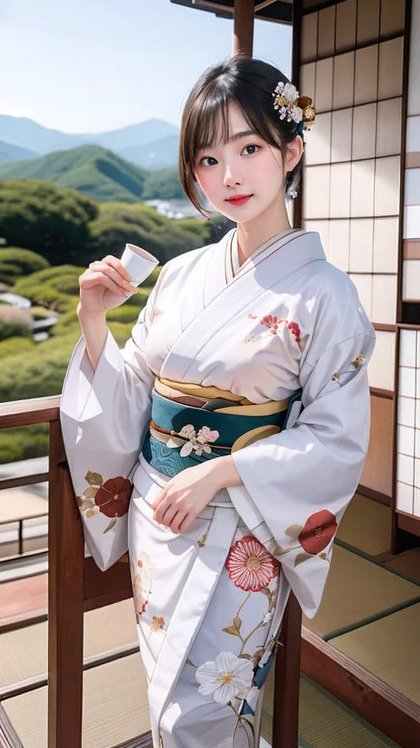 ((best quality)), photorealistic, photorealism, Photorealistic, high resolution, Beautiful, Baby Face, 20 Years Old, White Skin, pale skin, medium breast, seductive pose, dynamic pose, looking at the camera, (Detailed face), short hair, sexy body, (wearing japanese kimono), (japanese flowers motif kimono), NSFW, Fingers are occluded, bokeh, cafe background