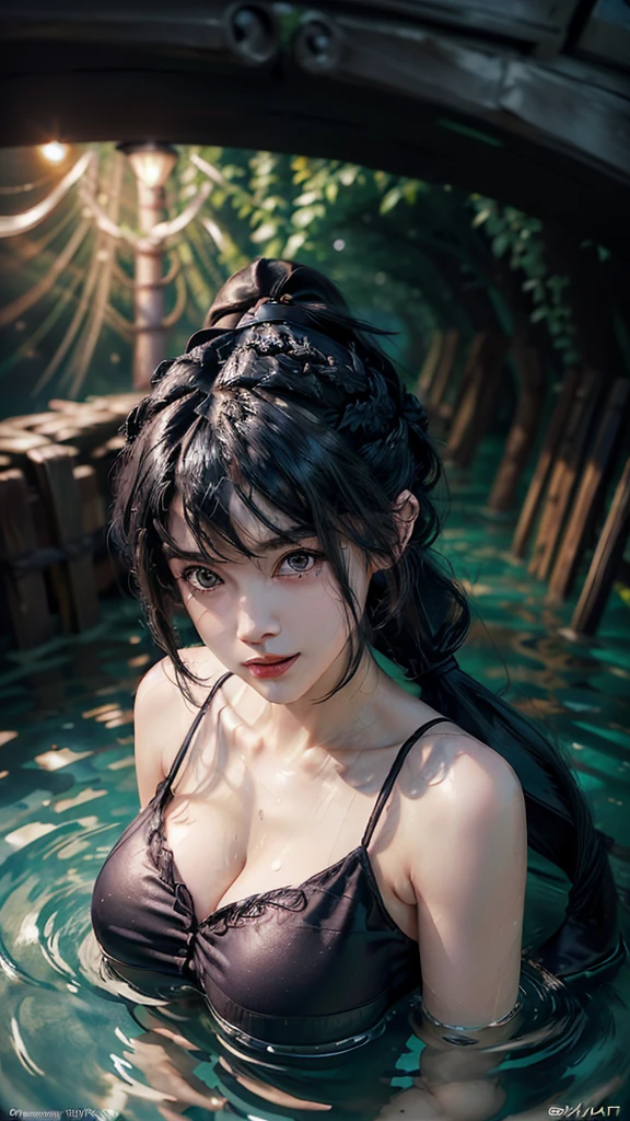 ((masterpiece, highest quality, High resolution, Hmm, Pixel perfect, Depth of written boundary, 4k, RTX, HDR))), 1 Girl, size XXL, chubby, plum body, single, alone, Beautiful Girls, Beautiful art style, ((Long Hair, bangs, Black Hair, ponytail:1.5)), (Brown eyes:1.4, Round eyes, Beautiful eyelashes, Realistic eyes, arms up, clean armpits), (Detailed face, ), (Smooth texture:0.75, Realistic texture:0.65, Realistic:1.1, ), big breast, (Perfect body ,(Transparent Tube Top, show breast, show cleavage), mini skirt, smile, Filmed in a tunnel, (spotlight by the lighting), Submerged in water