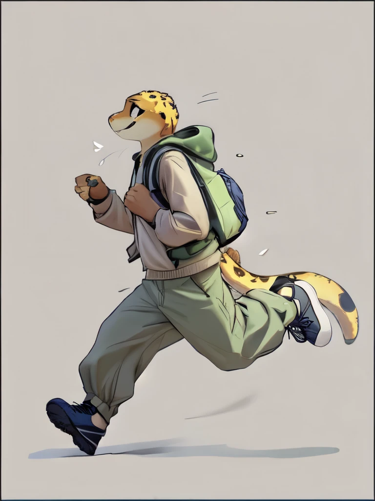 Best quality, detailed, Male, leopard Gecko, yellow body, reptile, round cartoony eyes, wearing a navy colored jacket, wearing a dark green colored cargo pants, backpack on the back, running, wearing a pair of black shoes
