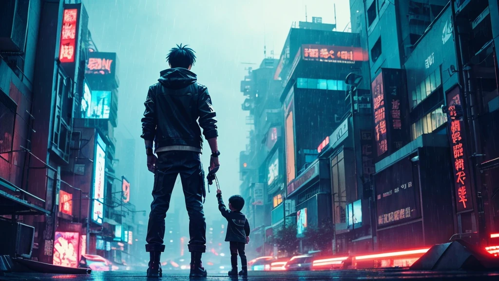 [Cyberpunk Style][anime　Ghibli style]Cyberpunk Styleの戦場で荒廃した街で、Standing in the palm of a giant robot、Back view of a  boy。The background is raining。The little birds are flying。I want to create an image that goes well with ambient music.。