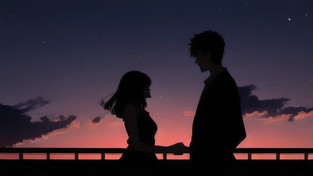 On the roof of an apartment building Silhouette of two people Adult male Adult female They both look up at the sky Late Night midnight High-rise apartment building City dark