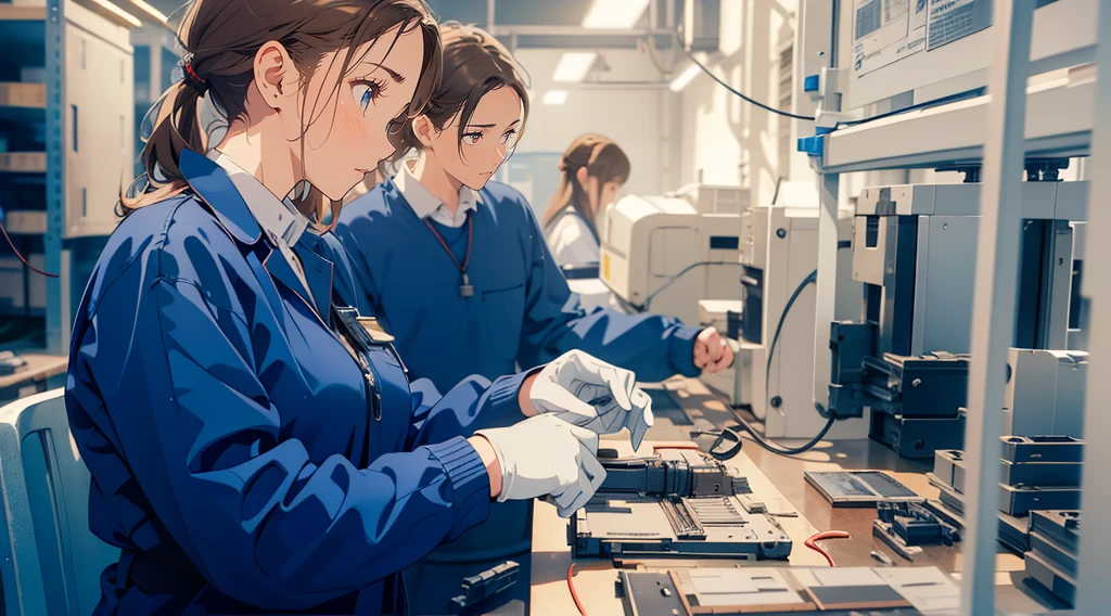 (masterpiece), (best quality), (ultra-detailed), (best illustration), (best shadow), (absurdres), Female, 25 years old, looking away, background inside factory, workshop, duct, wire, wiring, mechanical equipment, safety shoes, work, scenery at work, electronics, electronics assembly scenery, serious expression, sweat,