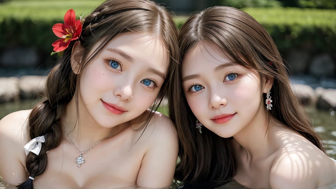 ( 2 girls),smile、Look into the camera、Diamond necklace、Braided hair, red strapless dress、exposed upper arms、Extra long twin tail hair、Flower Hair Ornaments、 Masterpiece, Highest quality, 8ก, beautiful girl, young face、 photography, Cute face, thigh,in the stream,、รอยsmile、small waist, blue eyes(((The chest is erect.)))(((round chest)))(((big breasts:1.15)))
