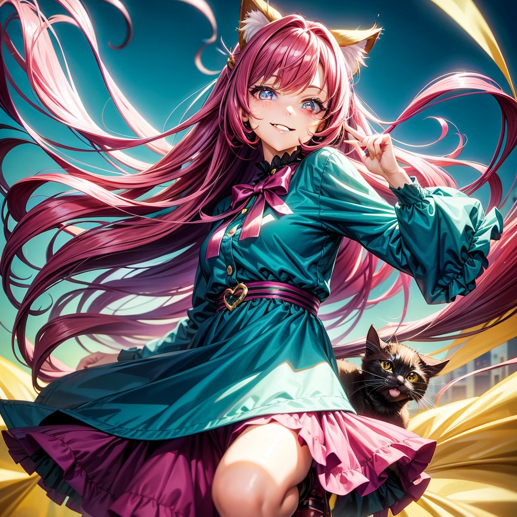 Magenta hair, brown eyes, older woman, hair bows, cat ears, long hair, smiling face, casual dress outfit, teal and gold outfit, pretty background