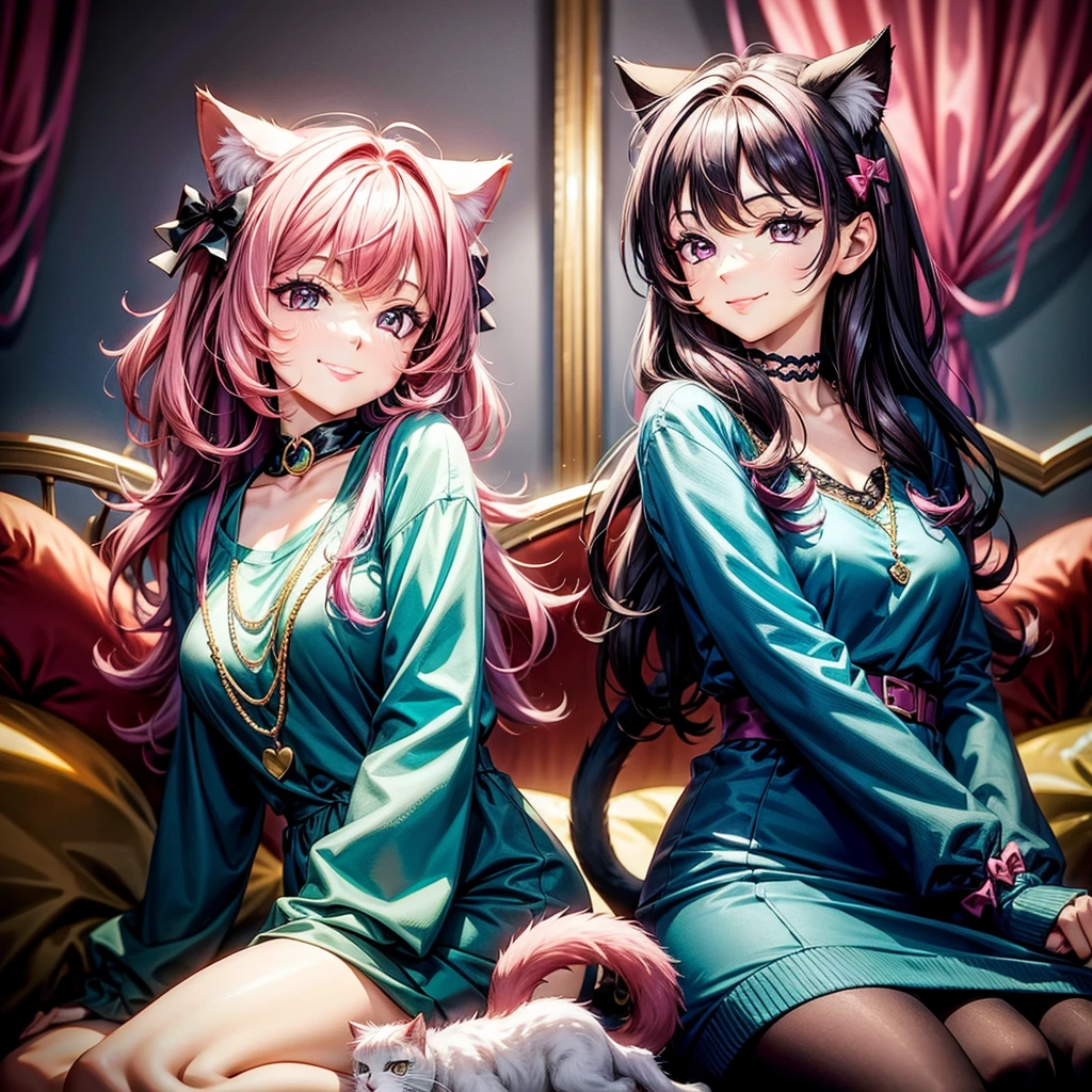 Magenta hair, brown eyes, older woman, hair bows, cat ears, long hair, smiling face, casual dress outfit, teal and gold outfit, pretty background