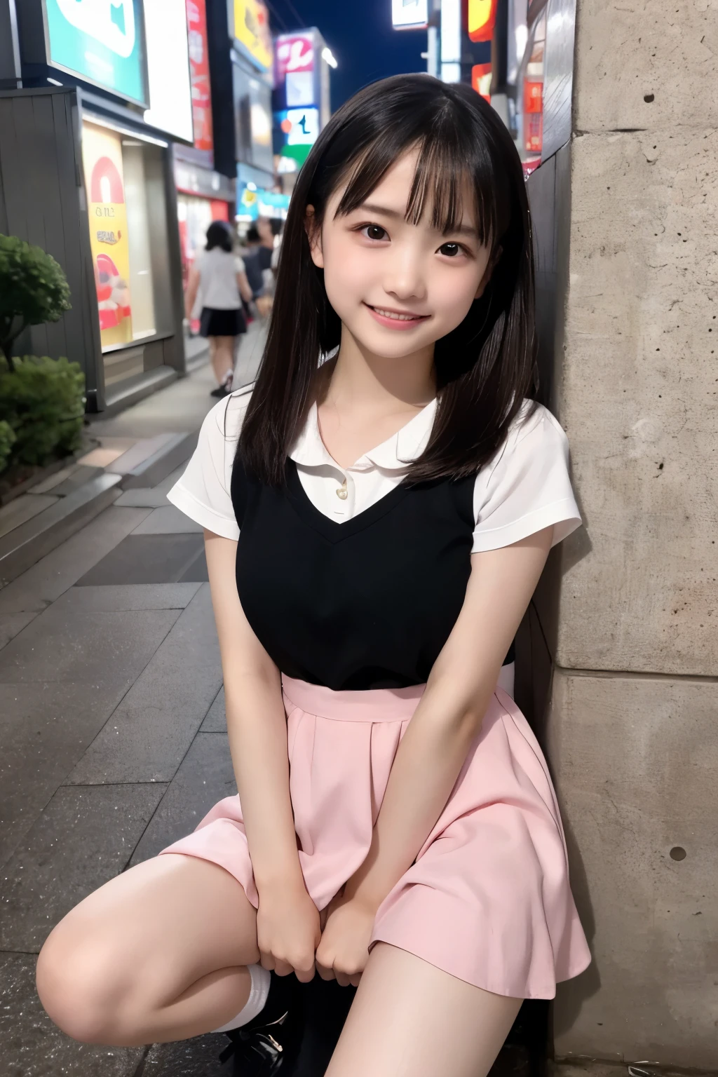 Highest quality, masterpiece, Raw photo, Realistic, Photorealistic:1.2、Detailed face:1.3、Japan語、、Elementary sInnocent face、Young Facke face:0.4、Innocent look、Teenage Gicute、、Japan、Tokyo、Shinjuku、Girl nthe tower at night、Toyoko Kids、Black Hair、Random hairstyle、smile:0.4、The face is round、Thin thighs、Thin legs、Summer clothes、Toddler clothing、Private elementary school、Ruffled camisole、mini skirt、(loose saning against a wall、