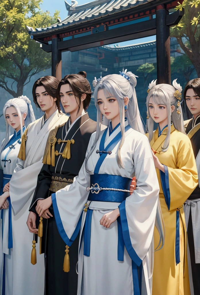 a close up of a group of people (3 girls and 4 boys) standing next to each other, game cg, xianxia fantasy, chinese fantasy, full body wuxia, chinese mmorpg, xianxia hero, korean mmo, wuxia, dynasty warriors, g liulian art style, mmorpg, by Ren Renfa, inspired by Pu Hua, mmorpg fantasy, 4k,8k RAW, High Resolution, Extream detailed, 3 girls and 4 boys, 1 girl silver hair and blue eyes used white clothes, 1 girl in a brown hair and used youngblue clothes, 1 girl in a white hair and used yellow clothes, 3girls line up parallel in front, 4boys line up parallel in behind, all look at the camera,
