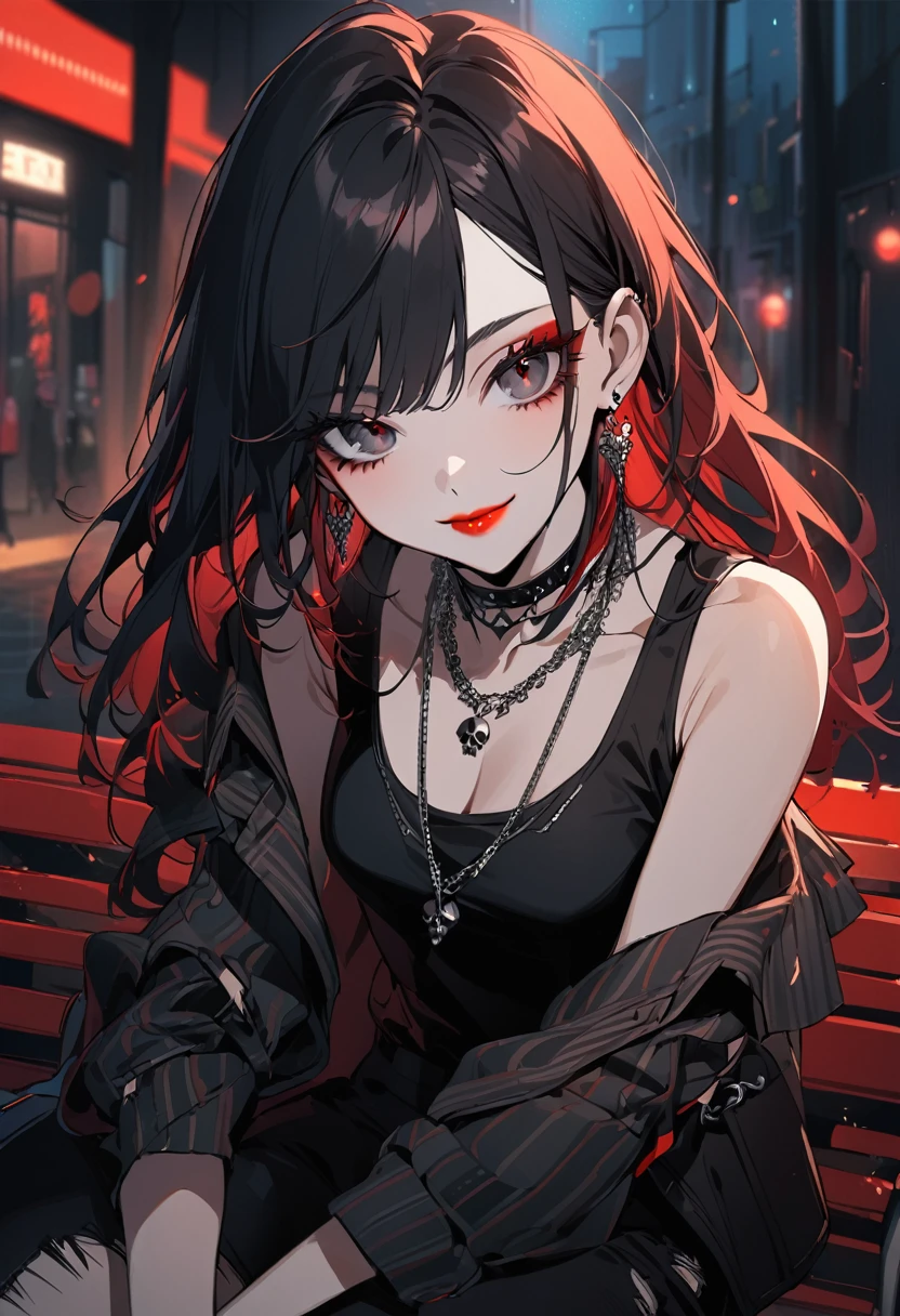 1girl, alone, long hair, looking at the viewer, smile, bangs, all black eyes, jewelry, closed mouth, red hair, black hair spikes, earrings, eyelashes, neck necklace, skull necklace, makeup, lipstick, portrait, red lips, white blouse, bare shoulders, torn pants, black eye, pile red eyes, sitting on bench, outdoors at night,