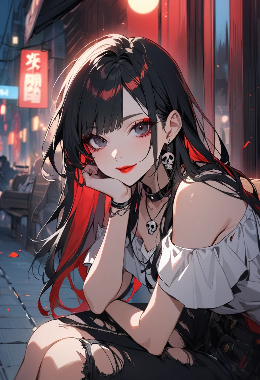 1girl, alone, long hair, looking at the viewer, smile, bangs, all black eyes, jewelry, closed mouth, red hair, black hair spikes, earrings, eyelashes, neck necklace, skull necklace, makeup, lipstick, portrait, red lips, white blouse, bare shoulders, torn pants, black eye, pile red eyes, sitting on bench, outdoors at night,