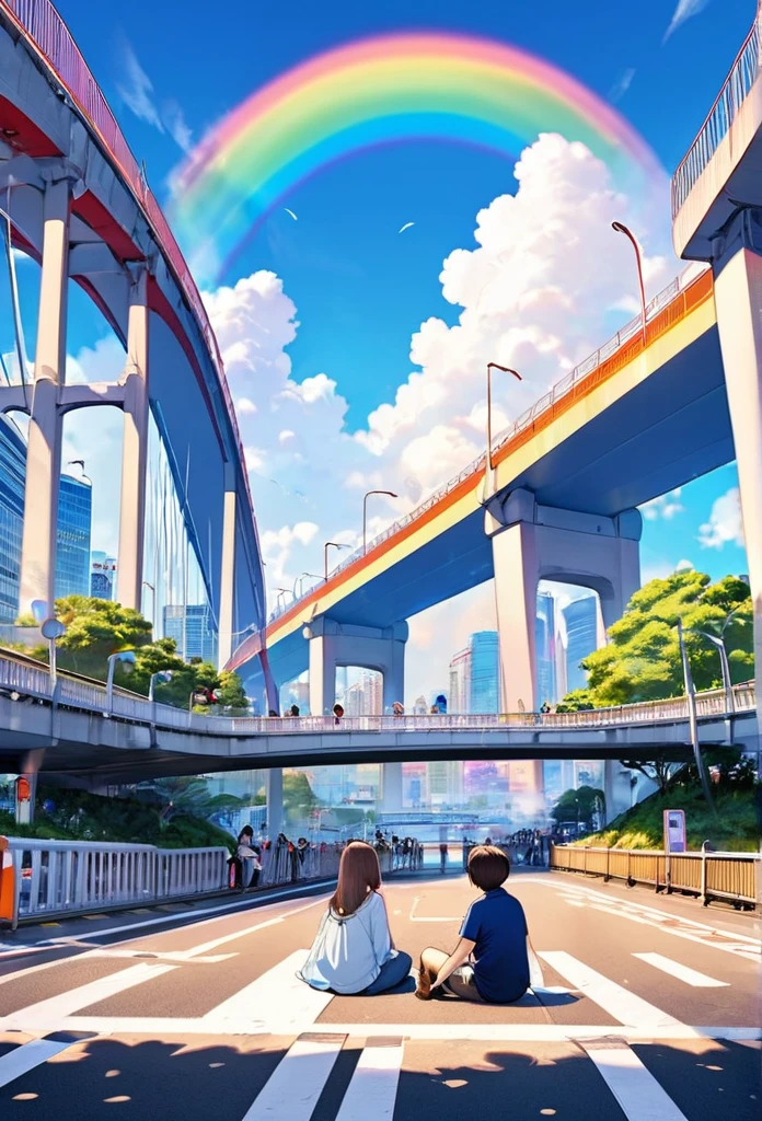 ふっくらとした巨大な🐻のハイブリッド, People are sitting on the road under the Rainbow Bridge in Odaiba, causing a nuisance.., Big bridge background, Small model, 🐻is bigger than a city, Fantasy art, 2.5D, delicate and dynamic, Cute rough pastel effect