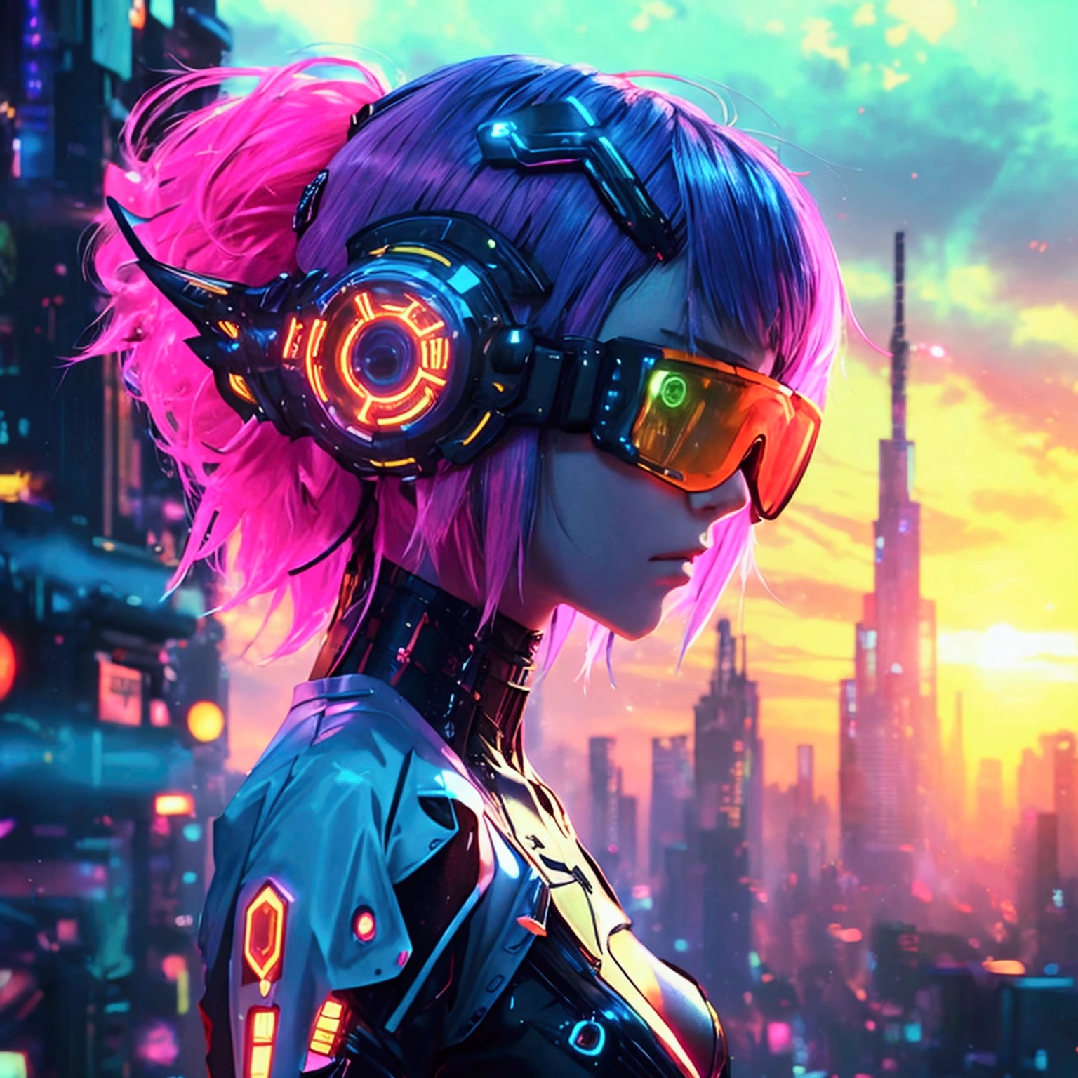 Create a high-quality digital artwork featuring a futuristic anime character. The character should have vibrant, neon-colored hair and attire with glowing tech accessories. Set the scene in a sleek, cyberpunk cityscape with towering skyscrapers and neon lights. Include intricate details and dynamic elements to highlight the character’s unique traits and advanced technology. The overall style should be modern and eye-catching, blending sci-fi aesthetics with anime flair. Ensure the character’s pose is striking and full of energy, reflecting a sense of motion and excitement.