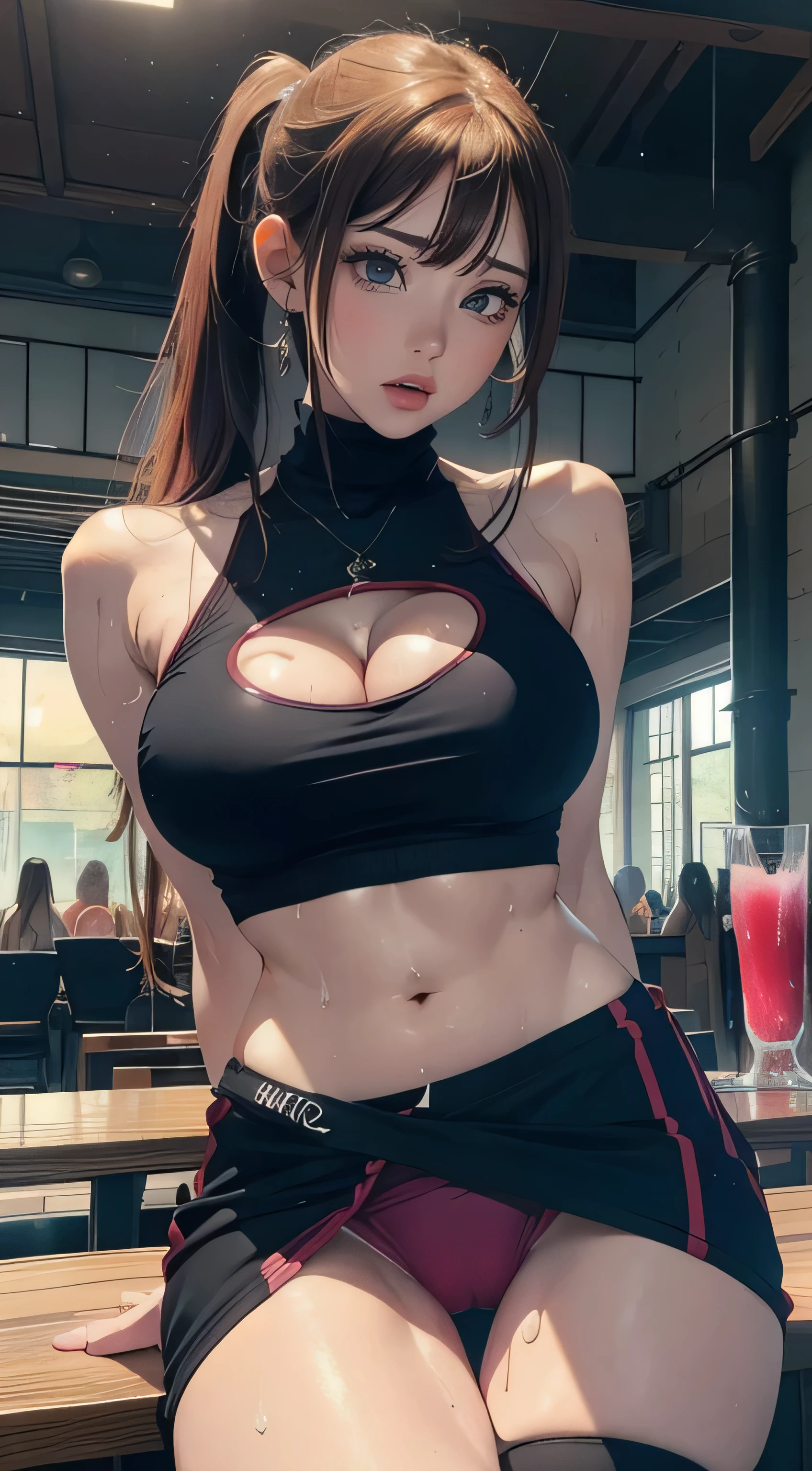 stretching,(Cinematic scene,Fantasy Art,Highest image quality,hyperrealistic portrait,(8K),Ultra-realistic,Best Quality,High quality,High Definition,high quality texture,high detailing,Beautiful detailed,fine detailed,extremely details CG,Detailed texture,realistic representation of face,masutepiece,presence,Dynamic,Bold),1gir,Ultra detailed skin,Curve,,Beautiful breasts,Large breasts,sagging breasts,cleavage,pale skin,pointed breast,Erect nipples,ponytail,(Ultra Thin hair),(Ultra Soft hair),(ultra straight hair),Swept long bangs,very light coppery amber hair,Hair over one eye,gym uniform,in heat,wishful,((love juice,pussy juice,pussy juice stained,sweat:1.2))