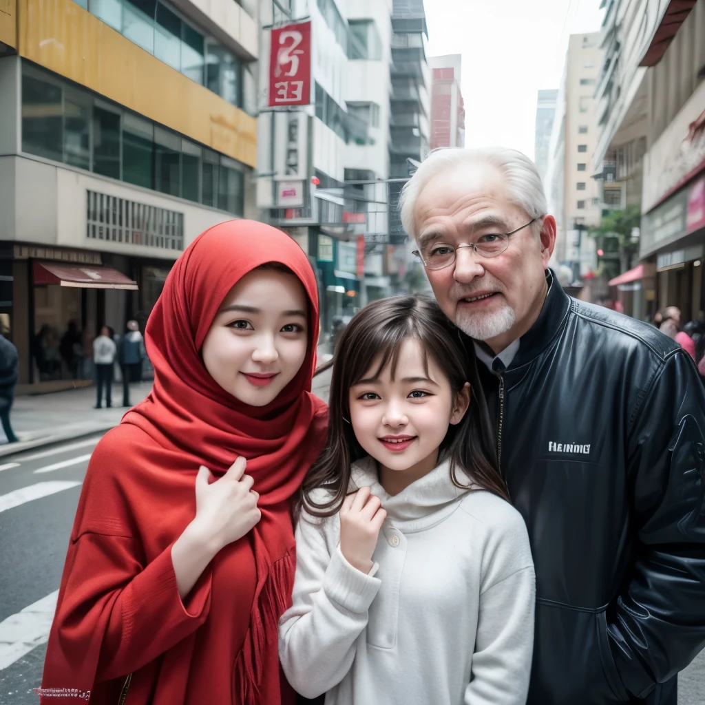 Family photo in Indonesia, outdoors, father and mother aged 40 years, slightly overweight 13-year-old son, wearing warm clothes, wearing a hijab, surrounded by lots of snow and snow on their clothes, standing on Asakusa street. The background is a street with sakura trees. 8k photography.