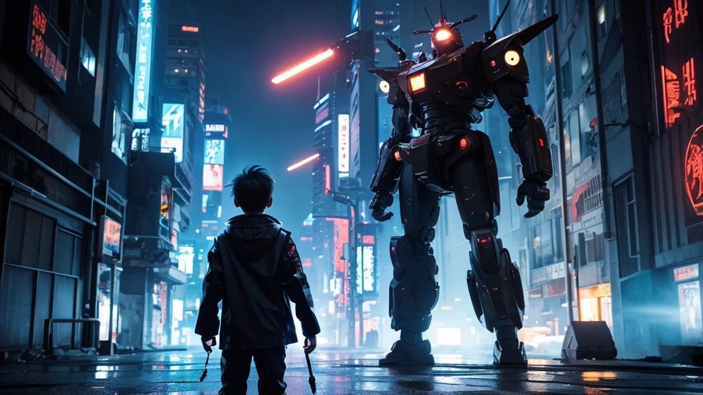 [Cyberpunk Style][anime　Ghibli style]Cyberpunk Styleの戦場で荒廃した街で、Standing in the palm of a giant robot、Back view of a little boy。The background is night and rain、The starry sky is shining。The little birds are flying。I want to create an image that goes well with ambient music.。