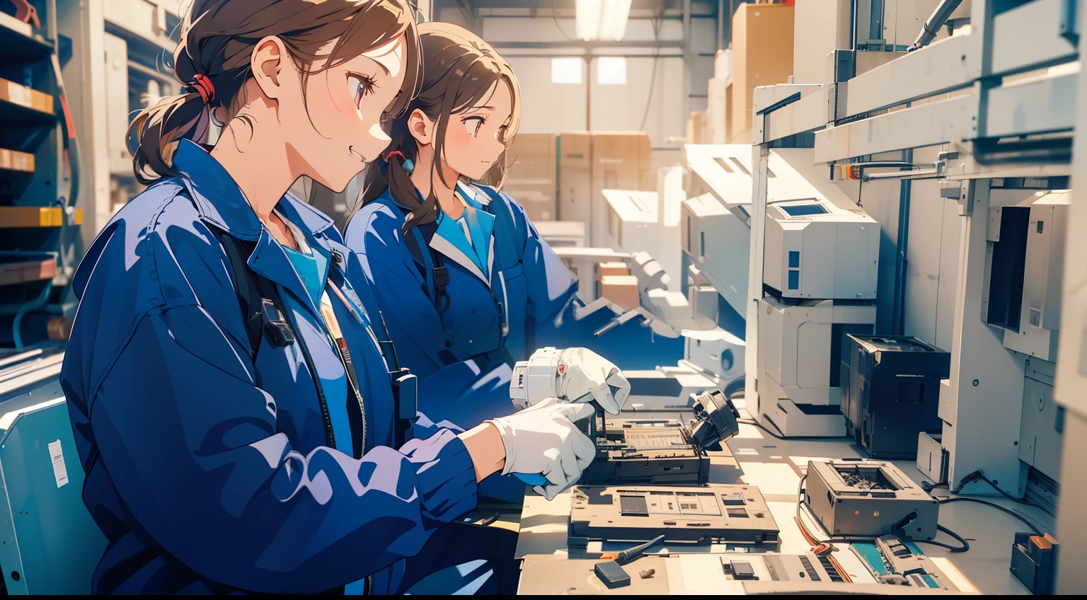(masterpiece), (best quality), (ultra-detailed), (best illustration), (best shadow), (absurdres), Female, 25 years old, looking away, background inside factory, workshop, duct, wire, wiring, mechanical equipment, safety shoes, work, scenery at work, electronics, electronics assembly scenery, sweat, light smile,