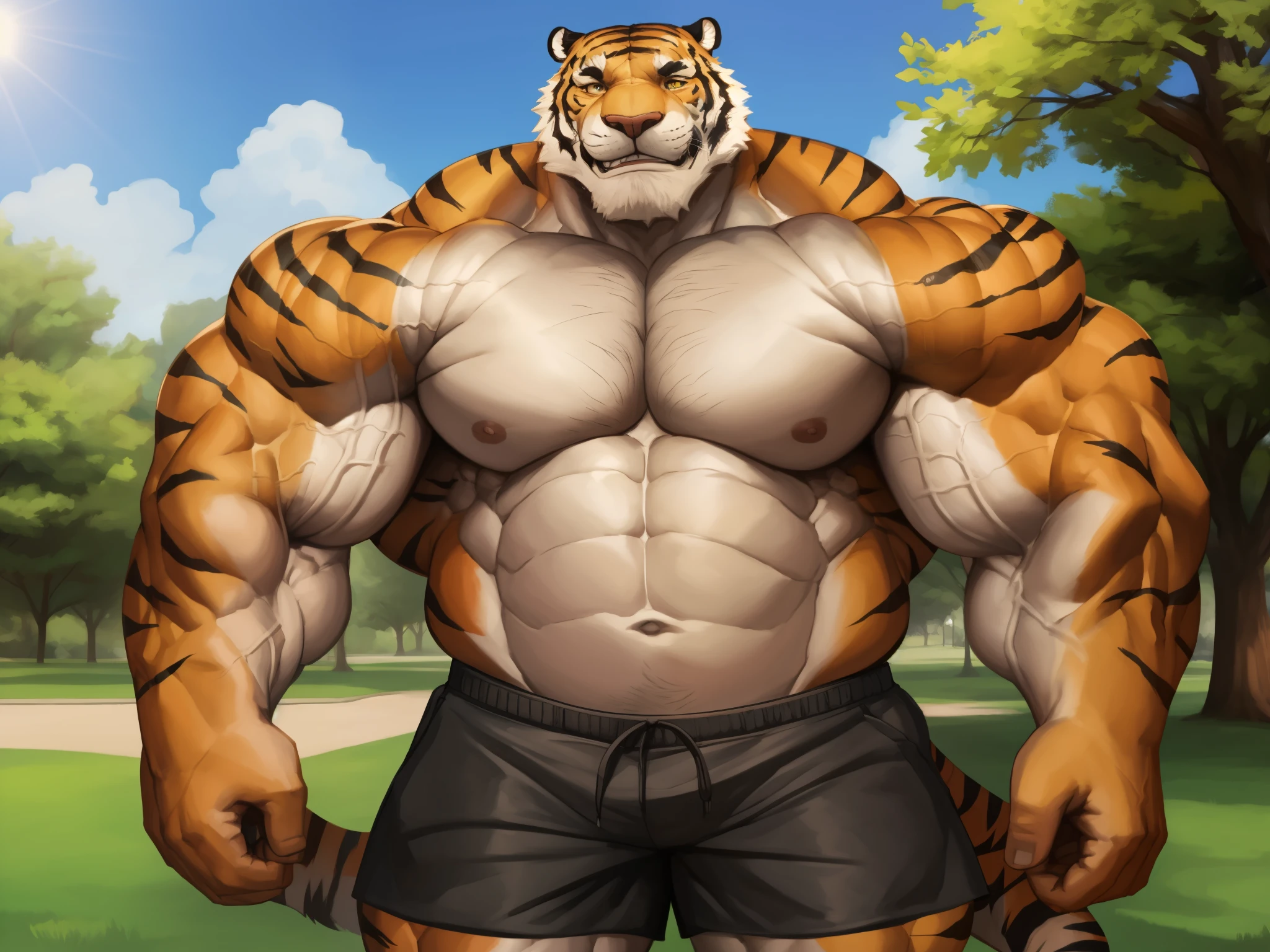 1boy, 1man, solo, (furry tiger), Park, extremely huge muscular, massive muscular , (topless, shirtless, shorts), well-muscled old man. ((extremely muscle size, super thick arms, huge pec, extremely wide pectoral , huge arms)), wide smiling. Add textures and details to make the image more realistic, such as the appearance of the. Make sure the resulting image is high resolution, 8K quality