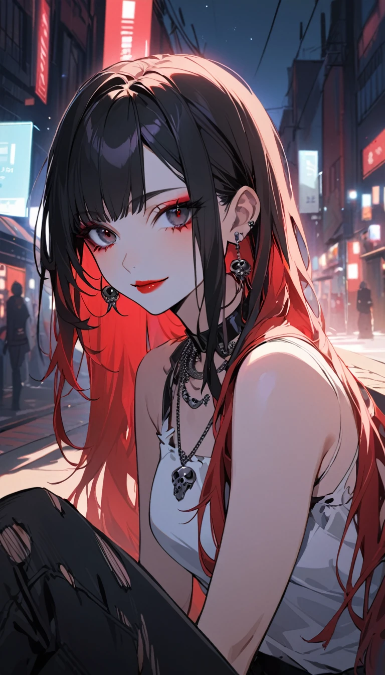 1girl, alone, long hair, looking at the viewer, smile, bangs, all black eyes, jewelry, closed mouth, red hair, black hair spikes, earrings, eyelashes, neck necklace, skull necklace, makeup, lipstick, portrait, red lips, white blouse, bare shoulders, torn pants, black eye, pile red eyes, sitting on bench, outdoors at night,