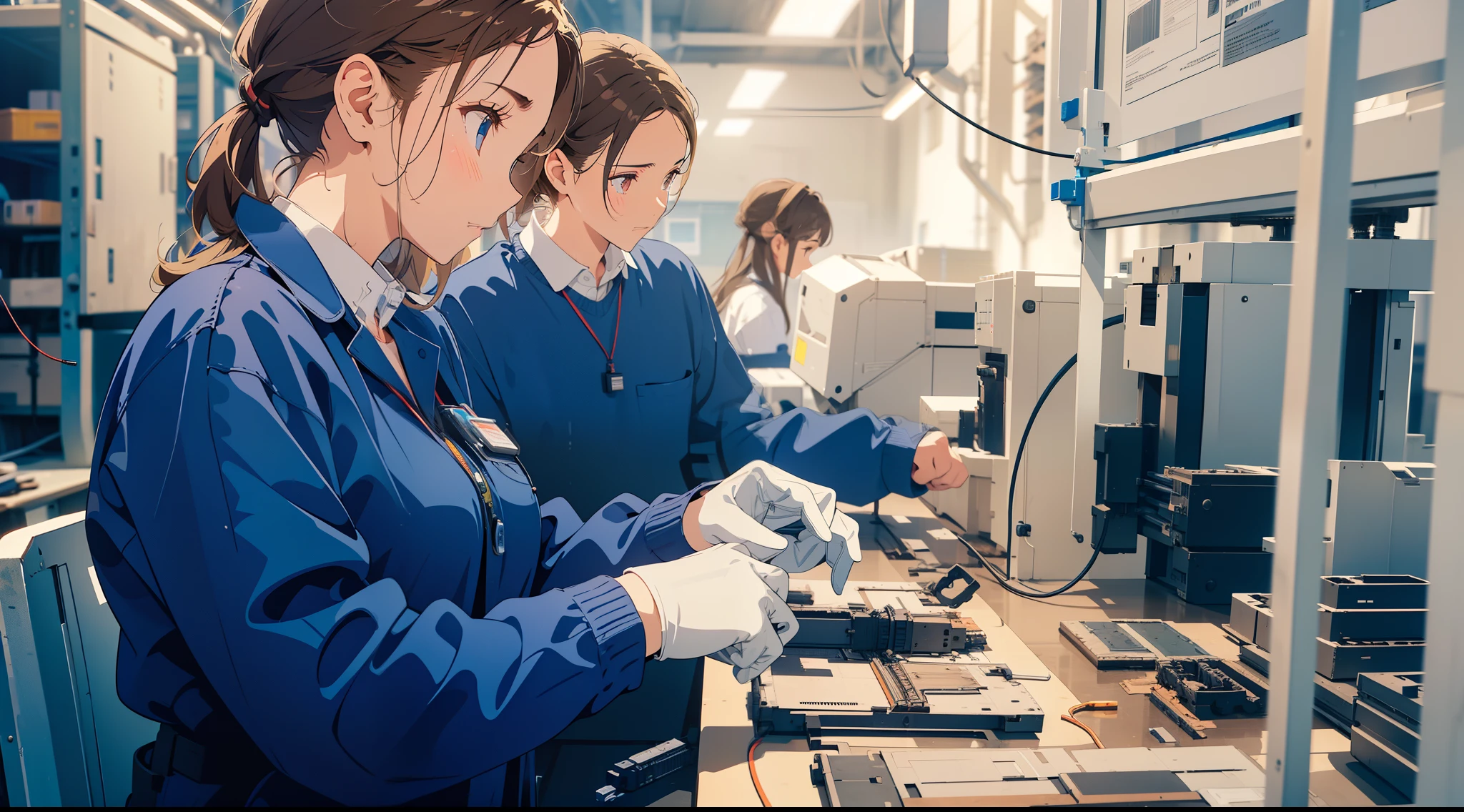 (masterpiece), (best quality), (ultra-detailed), (best illustration), (best shadow), (absurdres), Female, 25 years old, looking away, background inside factory, workshop, duct, wire, wiring, mechanical equipment, safety shoes, work, scenery at work, electronics, electronics assembly scenery, serious expression, sweat,