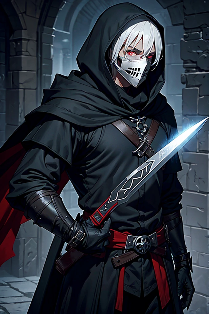 An assassin, male, fantasy character, physically strong, wearing a skull mask covering his face and eyes, dressed in black medieval attire, with a white hooded cloak over it, gray hair, short hair, red eyes, holding a dagger, nighttime background.