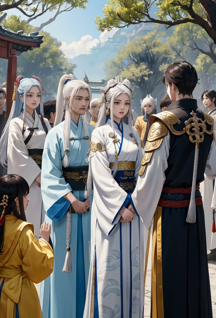 a close up of a group of people (3 girls and 4 boys) standing next to each other, game cg, xianxia fantasy, chinese fantasy, full body wuxia, chinese mmorpg, xianxia hero, korean mmo, wuxia, dynasty warriors, g liulian art style, mmorpg, by Ren Renfa, inspired by Pu Hua, mmorpg fantasy, 4k,8k RAW, High Resolution, Extream detailed, 3 girls and 4 boys, 1 girl ginger hair and brown eyes used white clothes, 1 girl in a silver hair and used youngblue clothes, 1 girl in a white hair and used yellow clothes, 3girls line up parallel in front, 4boys line up parallel in behind, all look at the camera,