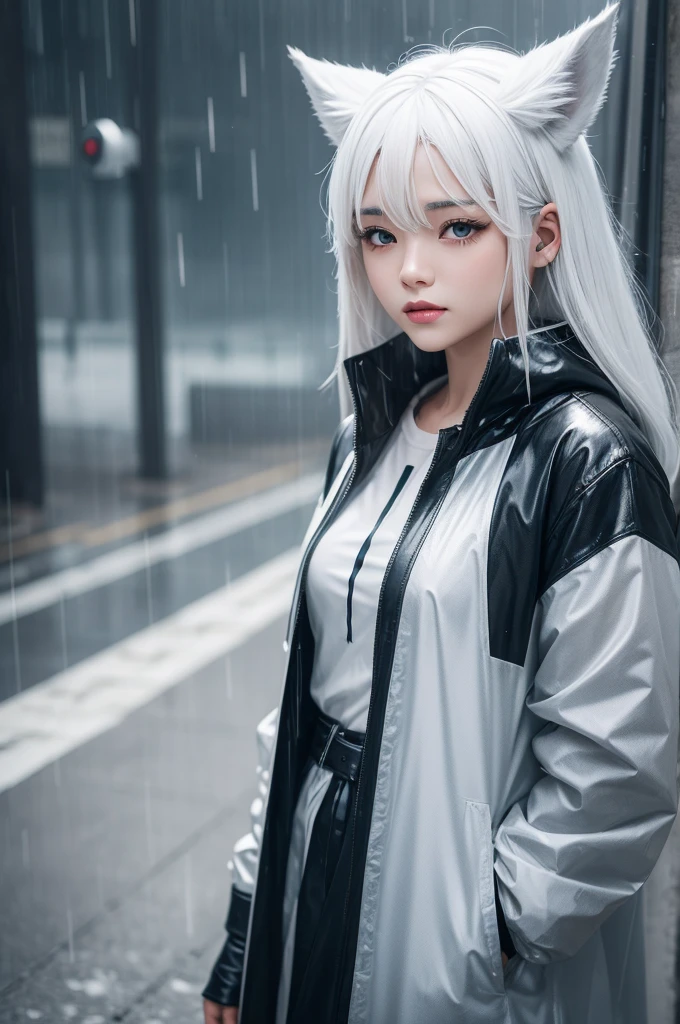 A girl with white hair with wolf ears in the rain