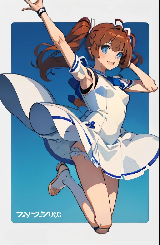 android, beautiful robot, short pigtails, brown hair, Hair tie with two big red clothespins, big smile, brown hair, middle age, joint seam, blue eyes, full body figure, Height: 160cm, Light beige micro mini dress, fluttering skirt, skirt folds, white retro swimwear, Uplifting, 2020s anime style, 21thcentury japan animation, show White pantie