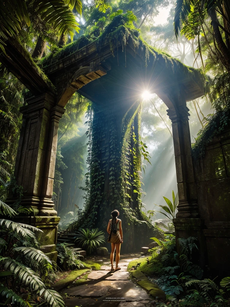 "Design a detailed and captivating book cover for an adventure and exploration novel titled 'Journey Through the Unknown' by Siddheswar Mahanand. The cover should evoke a sense of mystery and adventure.
Background:
- Set in a dense Amazon jungle with towering trees and vibrant greenery. The background should depict rich foliage, exotic plants, and hints of wildlife, emphasizing the untamed nature of the jungle.
Foreground:
- An ancient, partially overgrown stone temple or structure with intricate carvings. The structure should be detailed, showing signs of age with vines and moss covering parts of it, giving a mysterious and ancient feel.
Characters:
- Silhouettes or partial images of the main characters—Rohan, Maya, Anil, Zara, and Dr. Neil—exploring the ruins. They should be depicted with a sense of curiosity and discovery, possibly holding flashlights or maps, highlighting their journey through the unknown.
Title and Author's Name:
- The title 'Journey Through the Unknown' should be bold and prominent at the top of the cover, using an adventurous and eye-catching font.
- The author's name, 'Siddheswar Mahanand,' should be placed below the title in a smaller but complementary font, ensuring it is clear and visible.
Color Scheme:
- Use rich, earthy tones such as greens, browns, and golds to reflect the natural jungle setting and the ancient ruins.
- Incorporate shadows and lighting effects to create depth and highlight the mysterious and adventurous atmosphere.
Mood and Style:
- The overall mood should be adventurous, mysterious, and inspiring, with a strong sense of exploration and discovery.
- The cover should be detailed and vibrant, drawing viewers in and promising an exciting journey through unknown and uncharted territories."