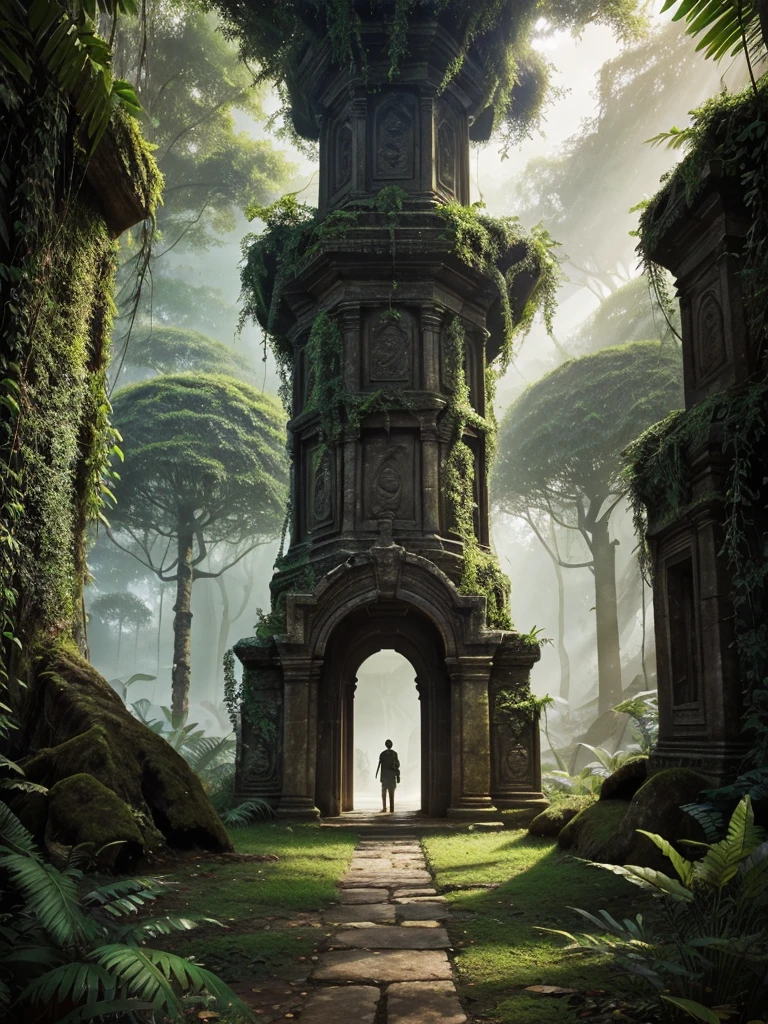 "Design a detailed and captivating book cover for an adventure and exploration novel titled 'Journey Through the Unknown' by Siddheswar Mahanand. The cover should evoke a sense of mystery and adventure.
Background:
- Set in a dense Amazon jungle with towering trees and vibrant greenery. The background should depict rich foliage, exotic plants, and hints of wildlife, emphasizing the untamed nature of the jungle.
Foreground:
- An ancient, partially overgrown stone temple or structure with intricate carvings. The structure should be detailed, showing signs of age with vines and moss covering parts of it, giving a mysterious and ancient feel.
Characters:
- Silhouettes or partial images of the main characters—Rohan, Maya, Anil, Zara, and Dr. Neil—exploring the ruins. They should be depicted with a sense of curiosity and discovery, possibly holding flashlights or maps, highlighting their journey through the unknown.
Title and Author's Name:
- The title 'Journey Through the Unknown' should be bold and prominent at the top of the cover, using an adventurous and eye-catching font.
- The author's name, 'Siddheswar Mahanand,' should be placed below the title in a smaller but complementary font, ensuring it is clear and visible.
Color Scheme:
- Use rich, earthy tones such as greens, browns, and golds to reflect the natural jungle setting and the ancient ruins.
- Incorporate shadows and lighting effects to create depth and highlight the mysterious and adventurous atmosphere.
Mood and Style:
- The overall mood should be adventurous, mysterious, and inspiring, with a strong sense of exploration and discovery.
- The cover should be detailed and vibrant, drawing viewers in and promising an exciting journey through unknown and uncharted territories."