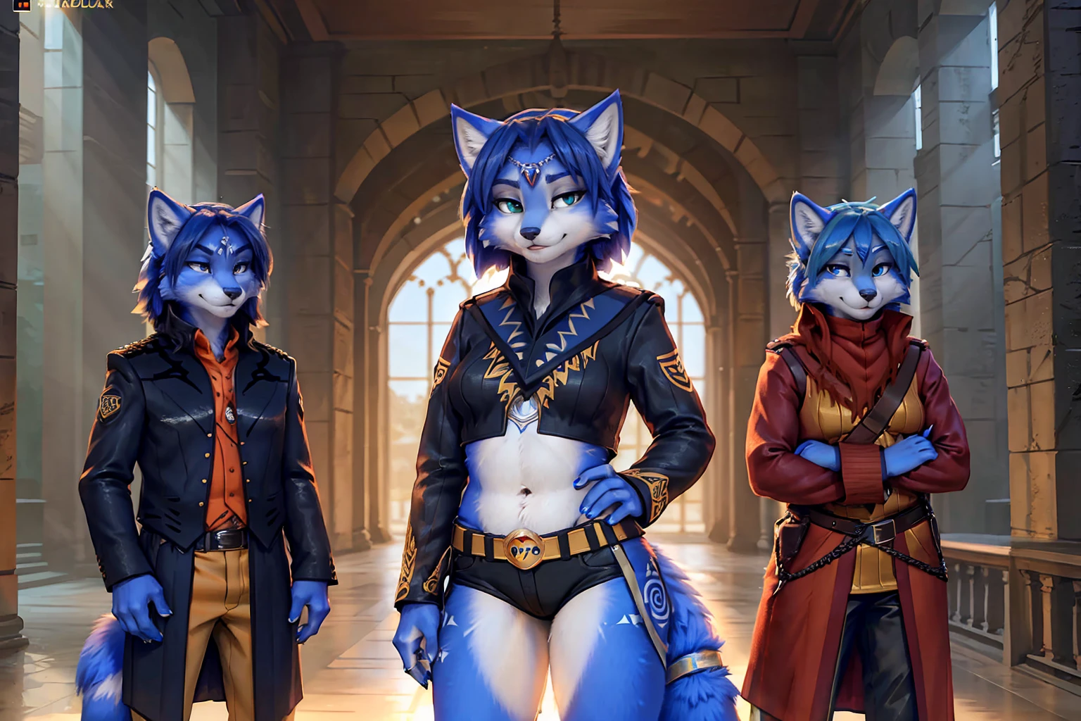 A beautiful and detailed (sweet picture) wa ((krystal)), Star Fox Krystal, green eyes, medium breasts, (((Long blue hair 1.3))), anthro, furry, (wa Fluff-Kevlar, Bayard Wu, personalize me, Pino Daeni), detailed fluffy fur, detailed face, (fluffy), 1 girl, alone, hair cover one eye:1.4, wears tribal clothing with leather armor, wears tribal top with leather armor, steht in der großen halle wa hogwarts:1.4, (((she stands next to severus snape:1.3)))