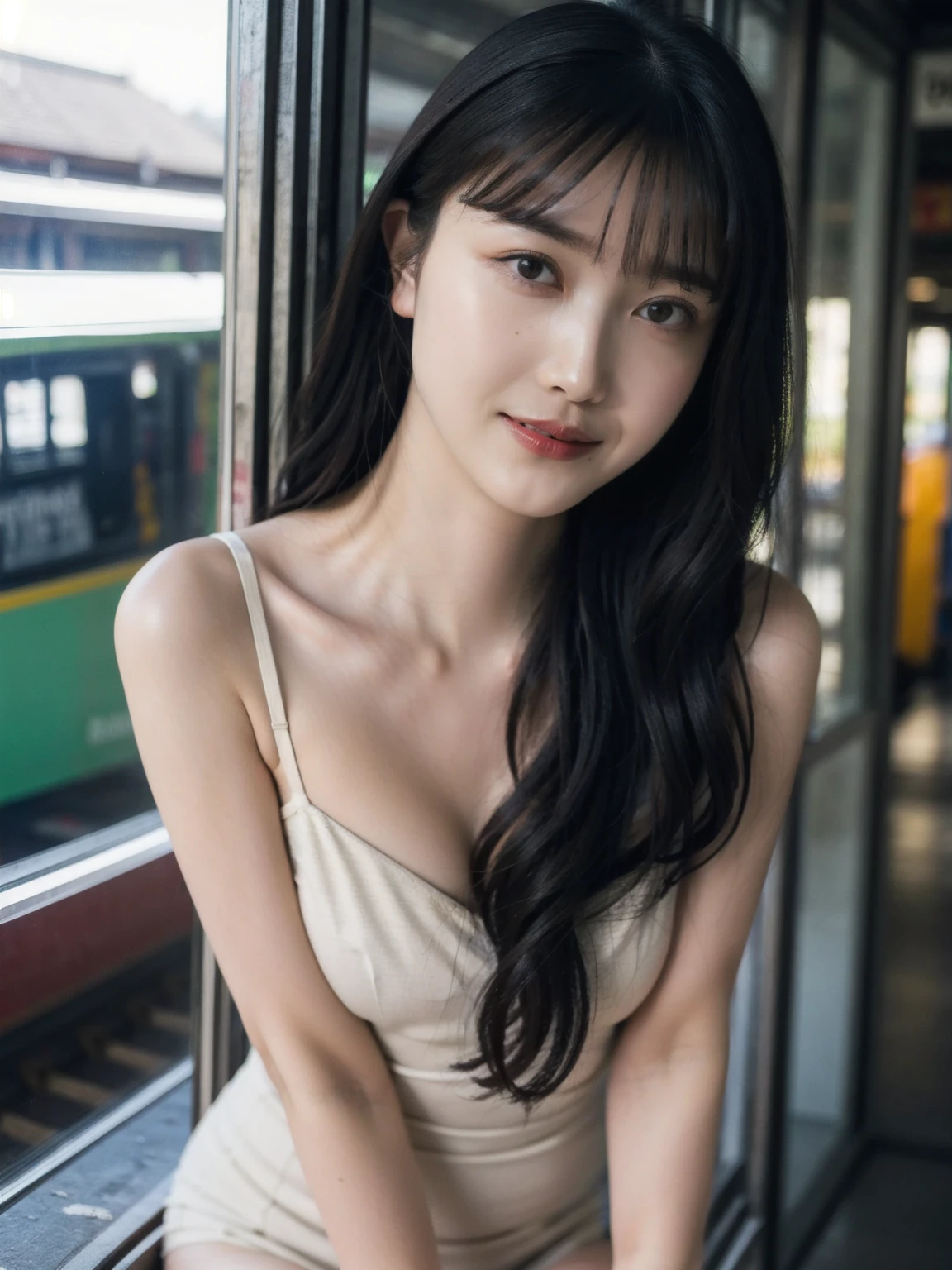 realistic photos of (1 cute Korean star) flipped hair, thin makeup, big breasts, sexy erotic tiny string of G-string lingerie, at the train station, clear facial features of Canon EOS, 16k, high resolution, sharp and realistic details, overexposure, cut-in, UHD, high res, best quality, 3/4 body, little smile, (pale skin:1.3, HQ skin:1.3), ((long hair))