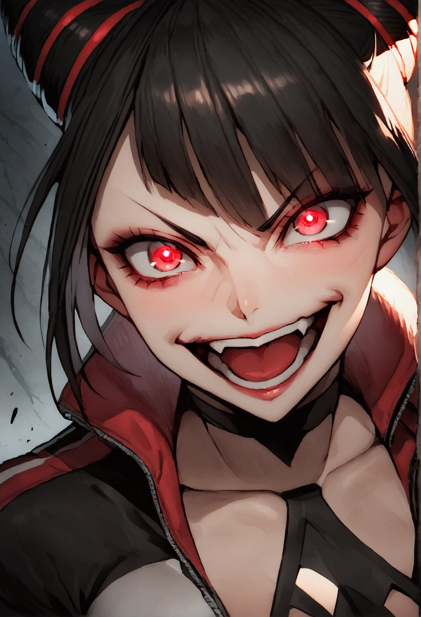dark eye shadow,shining eyes,beautiful young fitness woman with , in a gym wearing May with black pantyhose, white and black gym jacket. standing alone,hair horns,red eyes glowing,Evil smile,legging preto ,labiaa,dark eye shadow,shining eyes,close up,open mouth with big evil smile