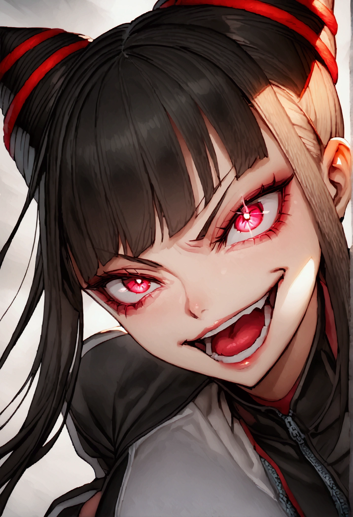 dark eye shadow,shining eyes,beautiful young fitness woman with , in a gym wearing May with black pantyhose, white and black gym jacket. standing alone,hair horns,red eyes glowing,Evil smile,legging preto ,labiaa,dark eye shadow,shining eyes,close up,open mouth with big evil smile