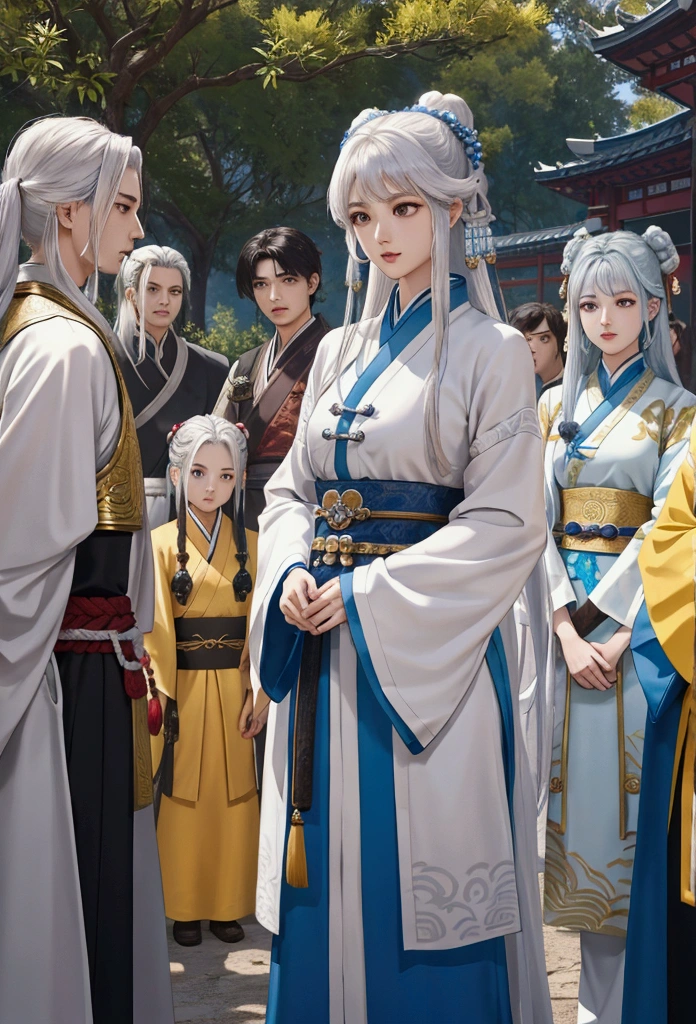 a close up of a group of people (3 girls and 4 boys) standing next to each other, game cg, xianxia fantasy, chinese fantasy, full body wuxia, chinese mmorpg, xianxia hero, korean mmo, wuxia, dynasty warriors, g liulian art style, mmorpg, by Ren Renfa, inspired by Pu Hua, mmorpg fantasy, 4k,8k RAW, High Resolution, Extream detailed, 3 girls and 4 boys, 1 girl ginger hair and brown eyes used white clothes, 1 girl in a silver hair and used youngblue clothes, 1 girl in a white hair and used yellow clothes, 3girls line up parallel in front, 4boys line up parallel in behind, all look at the camera,