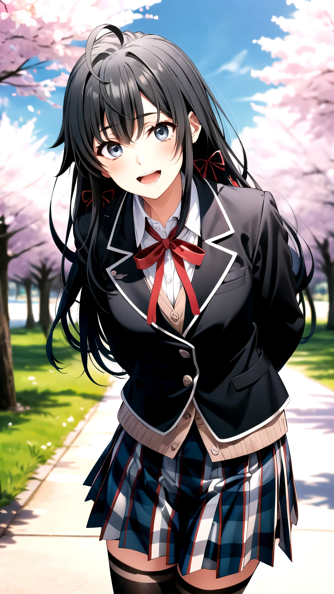 masterpiece, best quality, highres, aayukino, long hair, ahoge, hair ribbon, , neck ribbon, collared shirt, blazer, black jacket, long sleeves, plaid skirt, black thighhighs, standing, cowboy shot, leaning forward, arms behind back, smile, open mouth, outdoors, cherry blossoms,