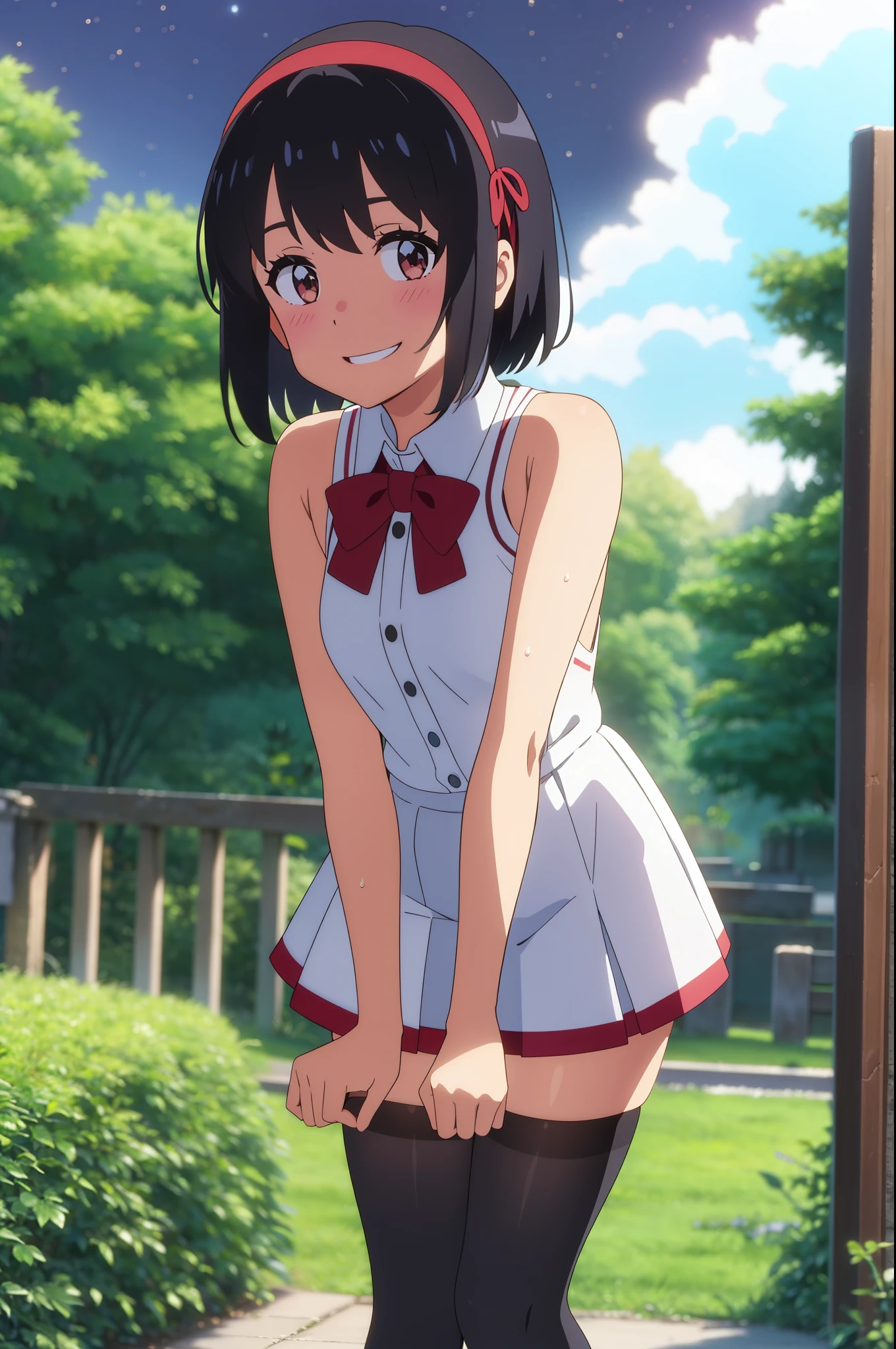 shinkai makoto, kimi no na wa., 1girl, bangs, black hair, blush, brown eyes, perfect face, looking at the viewer, mini dress, bare shoulders, detached collar, red headband, red ribbon, red bow, mini skirt, black thighhighs, short hair, solo, shinny skin, smile, cute, grin, cloudy, night sky, night background, forest, sweat, (masterpiece), best quality