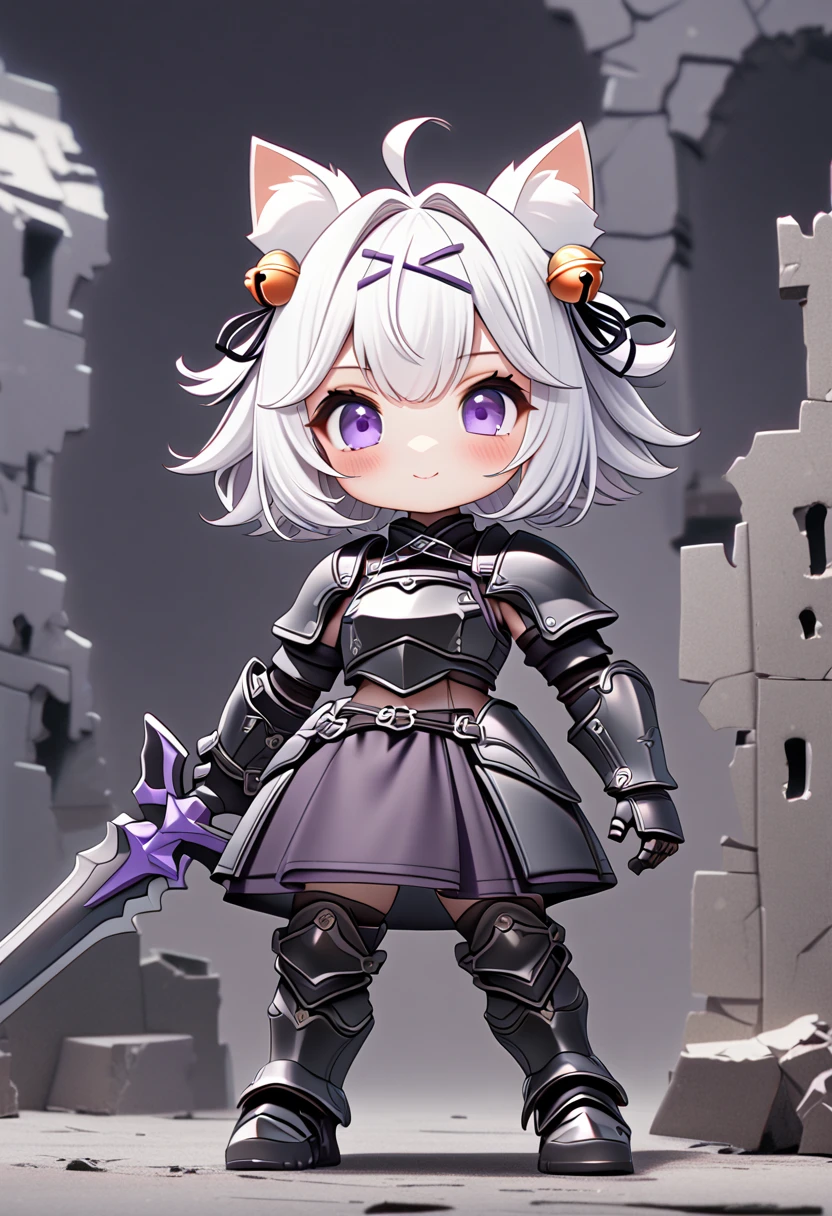 master piece, best quality, ultra-detailed, illustration, 1girl, solo, chibi, (big head), cute pose, front view, looking at viewer, ((full body Close up)), Filiansailor, (purple hairclip:1.4), (hair bell:1.5), white hair, short hair, cat ears, ahoge, purple eyes, blush, smiling, fluffy tail, black knight armor, short cape, metal breastplate, black gauntlet, armored skirt, metal greaves, armored boots, (holding greatsword) battlefield background, gloomy atmosphere, broken castle, broken walls, broken windows