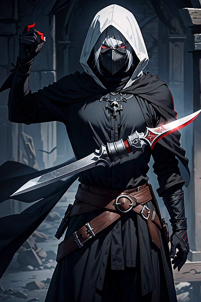 An assassin, male, fantasy character, physically strong, wearing a skull mask covering his face and eyes, dressed in black medieval attire, with a white hooded cloak over it, gray hair, short hair, red eyes, holding a dagger, nighttime background.