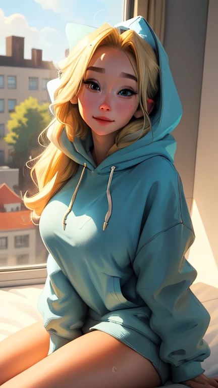 a woman sitting on top of a bed next to a window, an anime drawing, realism, big breasts!!, in a hoodie, hana yata, beautiful blonde girl, portrait n - 9, [[[[grinning evily]]]], [ 4 k photorealism ]!!, big breasts!, her face flushing and sweat, high resolution!!, cute , sam yang