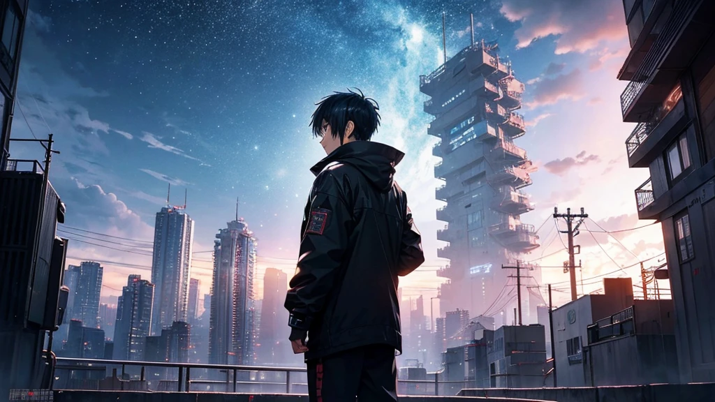 [Cyberpunk Style][anime　Ghibli style]Cyberpunk Styleの戦場で荒廃した街で、Standing in the palm of a giant robot、Back view of a little boy。The background is night and rain、The starry sky is shining。The little birds are flying。I want to create an image that goes well with ambient music.。