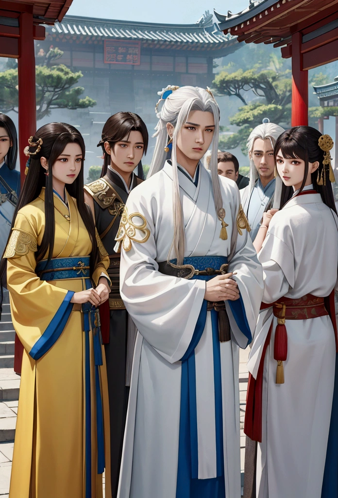 a close up of a group of people (3 girls and 4 boys) standing next to each other, game cg, xianxia fantasy, chinese fantasy, full body wuxia, chinese mmorpg, xianxia hero, korean mmo, wuxia, dynasty warriors, g liulian art style, mmorpg, by Ren Renfa, inspired by Pu Hua, mmorpg fantasy, 4k,8k RAW, High Resolution, Extream detailed, 3 girls and 4 boys, 1 girl brown hair and brown eyes used white clothes, 1 girl in a silver hair and used youngblue clothes, 1 girl in a white hair and used yellow clothes, 3girls line up parallel in front, 4boys line up parallel in behind, all look at the camera,