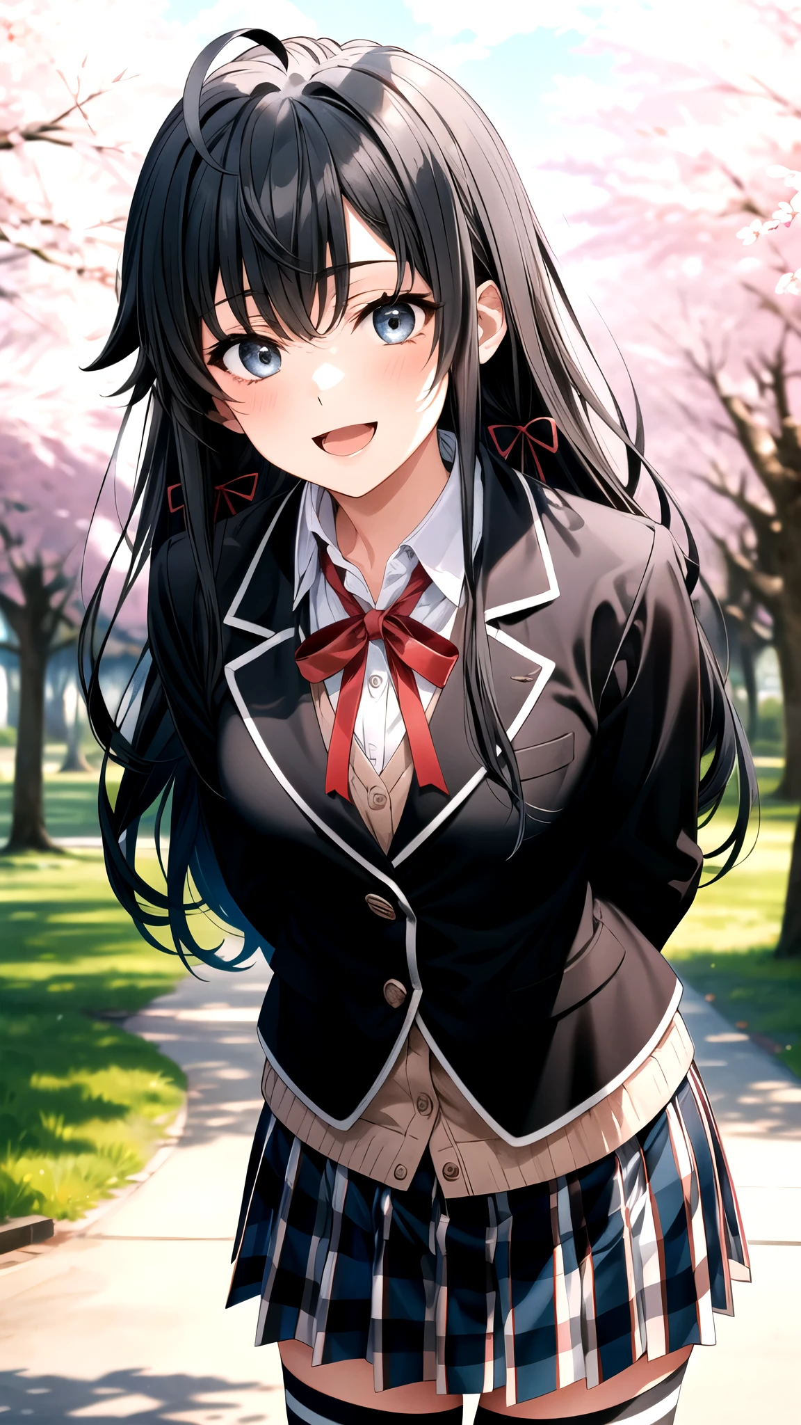 masterpiece, best quality, highres, aayukino, long hair, ahoge, hair ribbon, , neck ribbon, collared shirt, blazer, black jacket, long sleeves, plaid skirt, black thighhighs, standing, cowboy shot, leaning forward, arms behind back, smile, open mouth, outdoors, cherry blossoms,